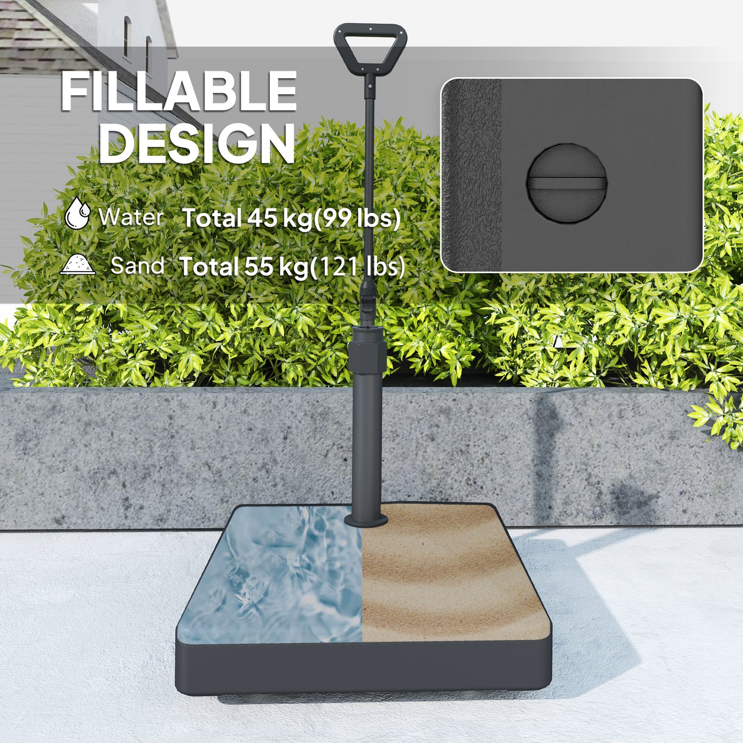 Outsunny Patio Umbrella Base with Adjustable Wheels and Handle, Outdoor Patio Umbrella Stand, Filled Up to 121lbs with Stand, 99lbs with Water for Garden Poolside, Black