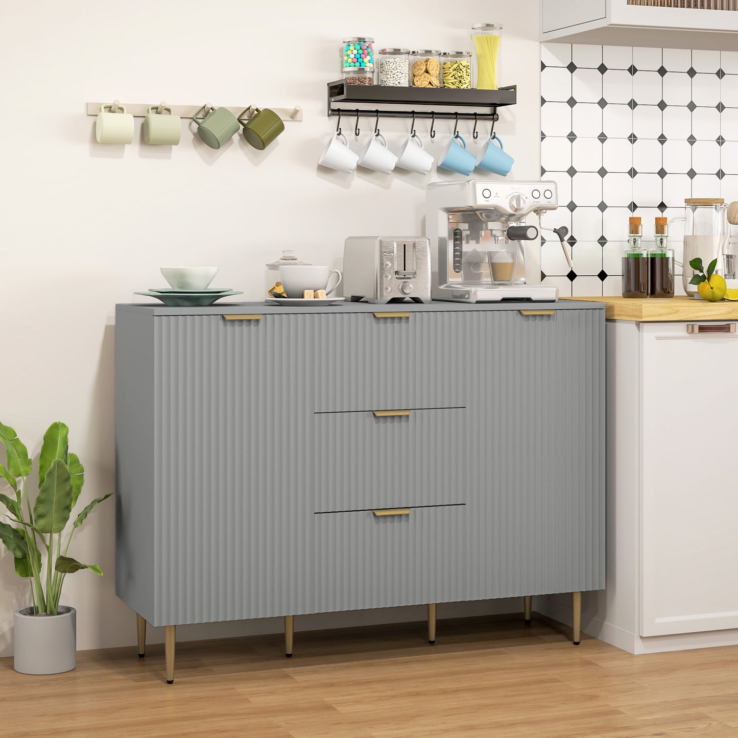 HOMCOM Modern Kitchen Storage Cabinet, Sideboard Buffet Cabinet w/ 3 Drawers and Adjustable Shelves for Kitchen Hallway, Grey