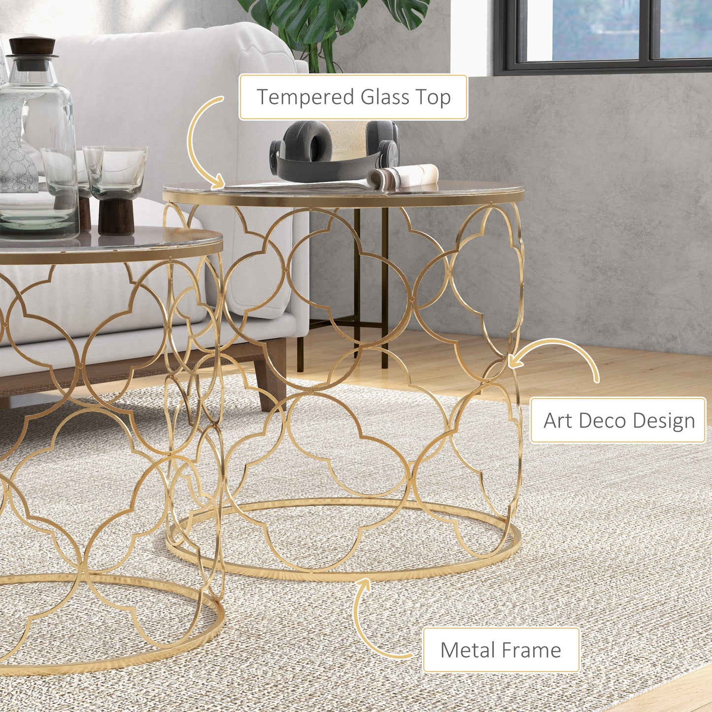 HOMCOM Set of 2 Nesting Table Coffee End Table Set Modern for Living room Furniture Decor Gold Tempered Glass