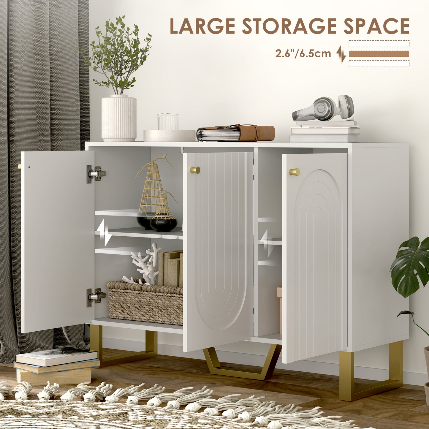 HOMCOM Sideboard Buffet Cabinet with 4 Doors, Modern Storage Cabinet with Adjustable Shelves & Center Leg, White