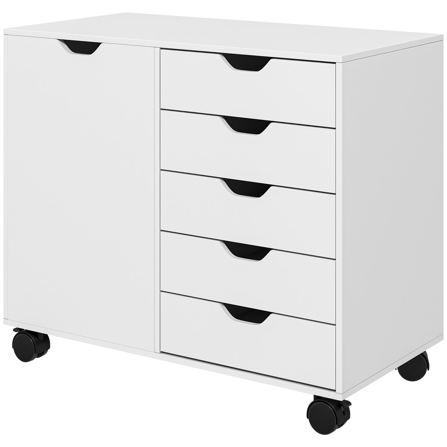 HOMCOM Lateral Filing Cabinet, 5-Drawers File Cabinet with Door and Adjustable Shelf, Mobile Office Storage Cabinet on Wheels, Printer Stand for Home Office, Black