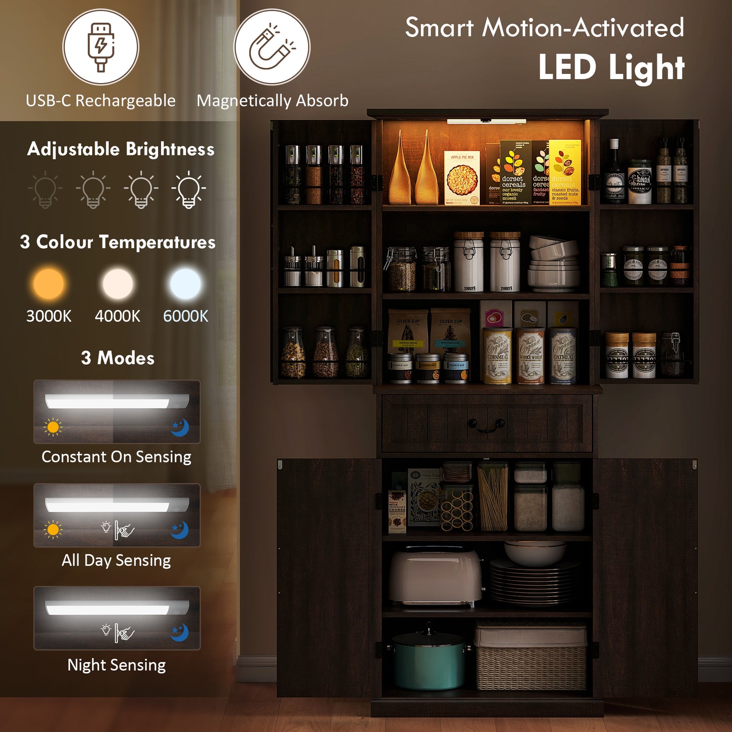 HOMCOM 71" LED Kitchen Pantry Cabinet, Farmhouse Storage Cabinet with Door Shelves, Distressed Brown