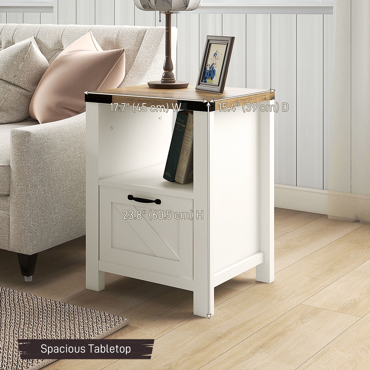 HOMCOM Side Table with Storage, Farmhouse End Table with Drawer, Open Shelf and Barn-style Panel, Nightstand for Living Room, Bedroom, Oak