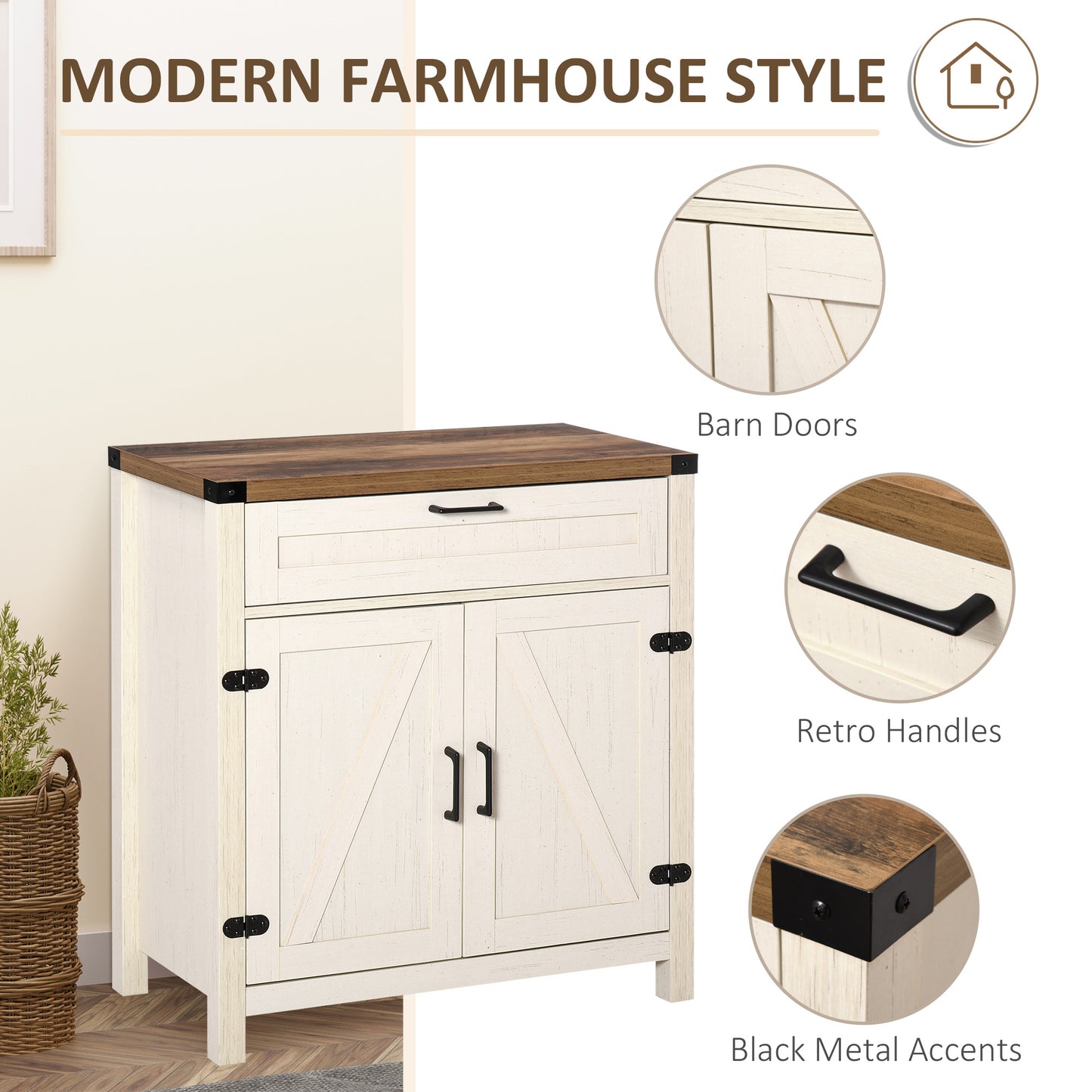 HOMCOM Farmhouse Kitchen Storage Cabinet, Sideboard Buffet Cabinet with 2 Rustic Barn Doors and Drawer, Oak
