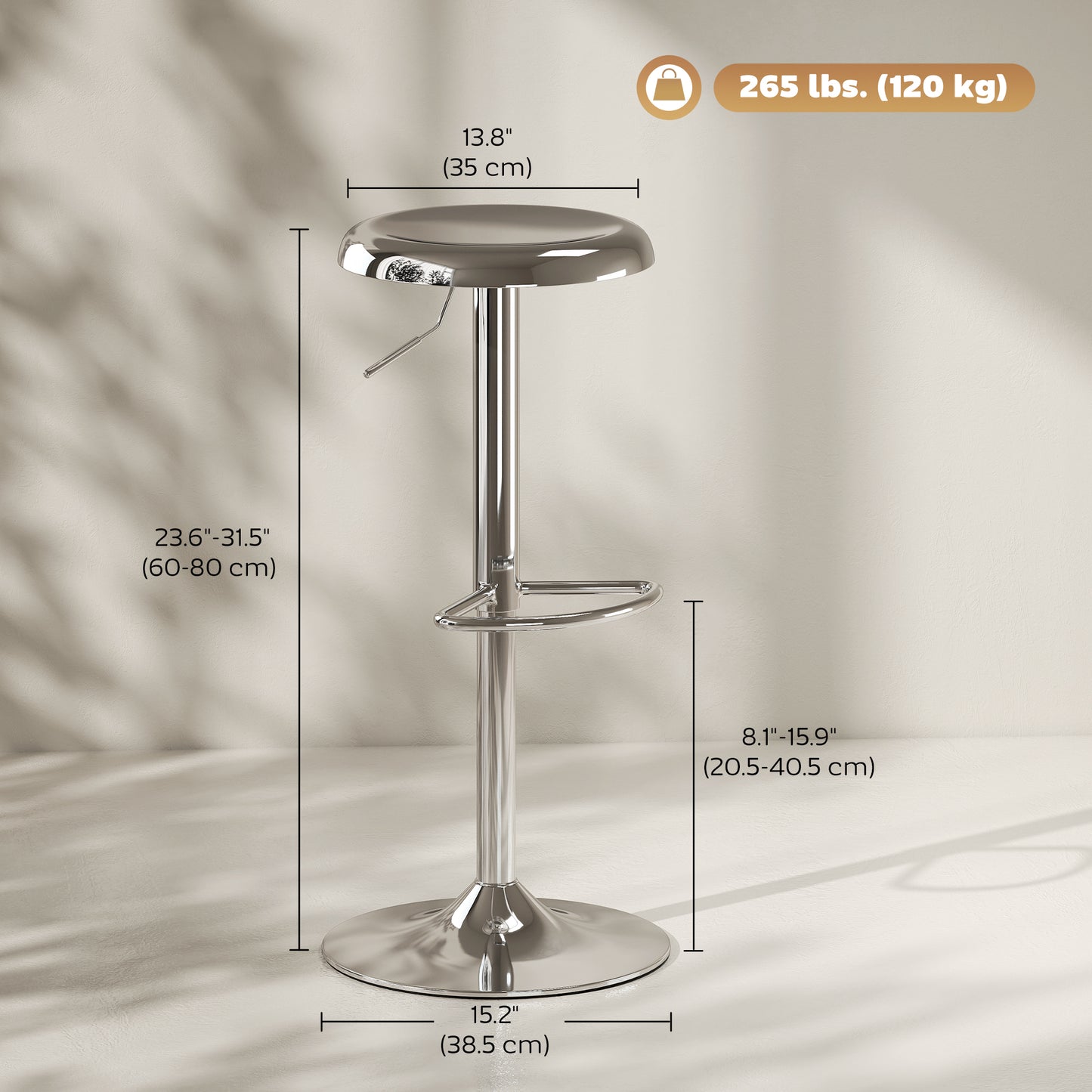 HOMCOM Steel Bar Stools Set of 2, Adjustable Counter Height Round Breakfast Barstools, Industrial Swivel Bar Chairs, Silver