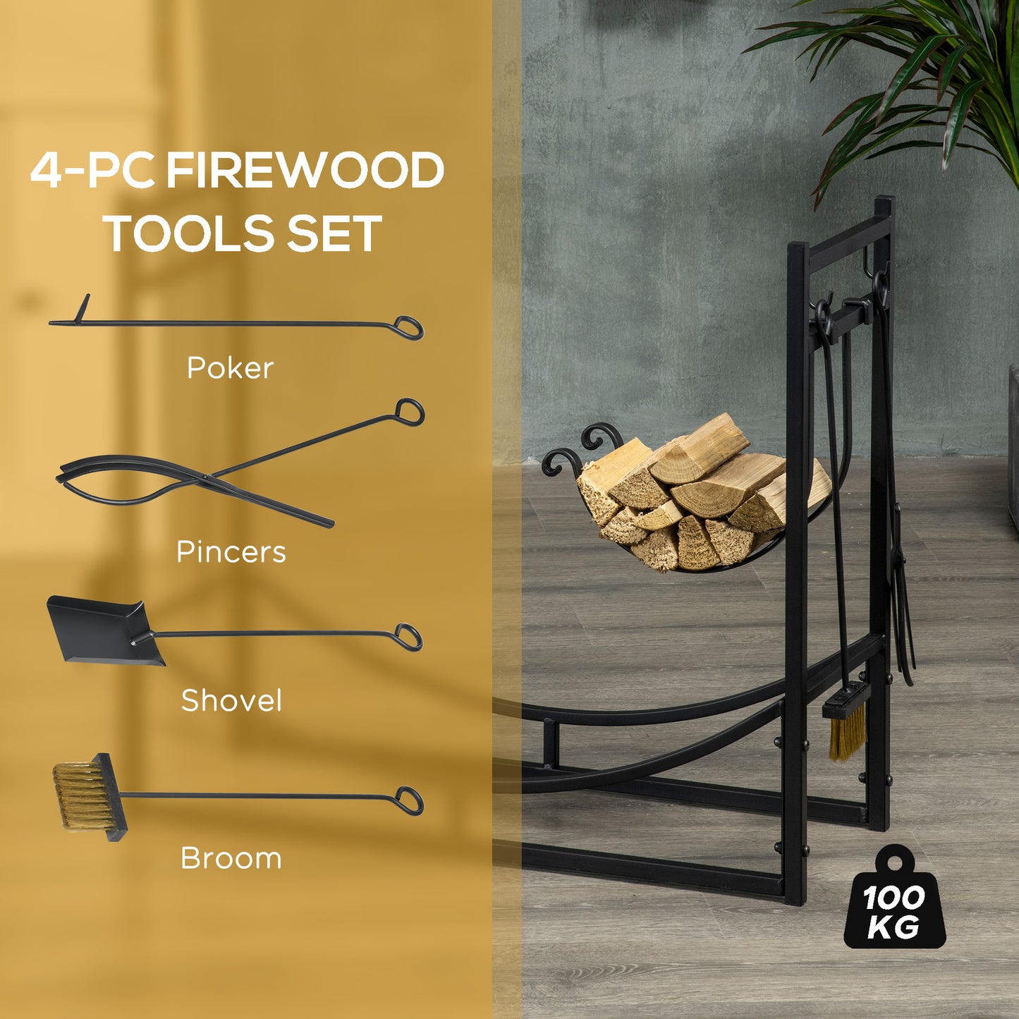 Outsunny 2-Tier Firewood Log Rack with 4 Tools 33" Fireplace Wood Holder Storage Log Rack with Shovel, Broom, Poker, Tongs and Hooks