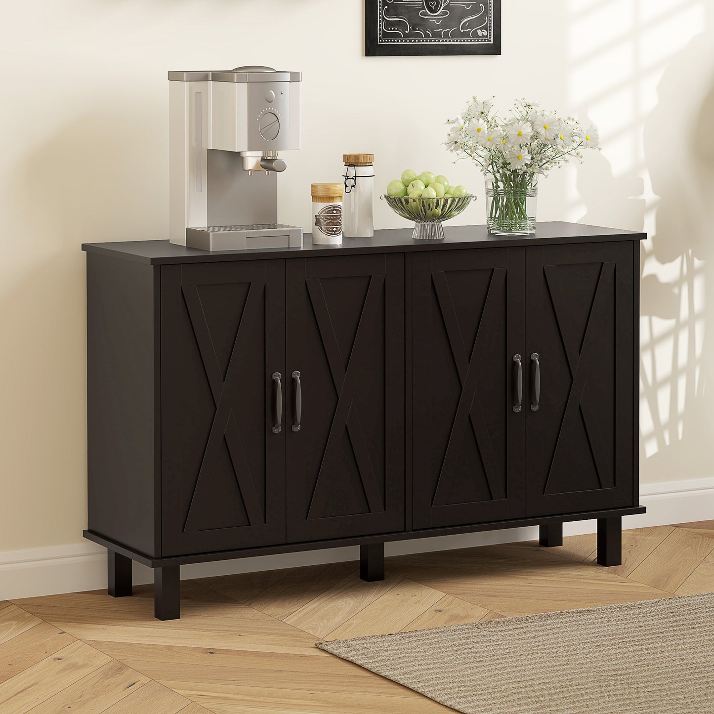 HOMCOM Kitchen Sideboard Cabinet with 4 Barn Doors and 2 Adjustable Shelves, Buffet Table for Living Room, Hallway, Black