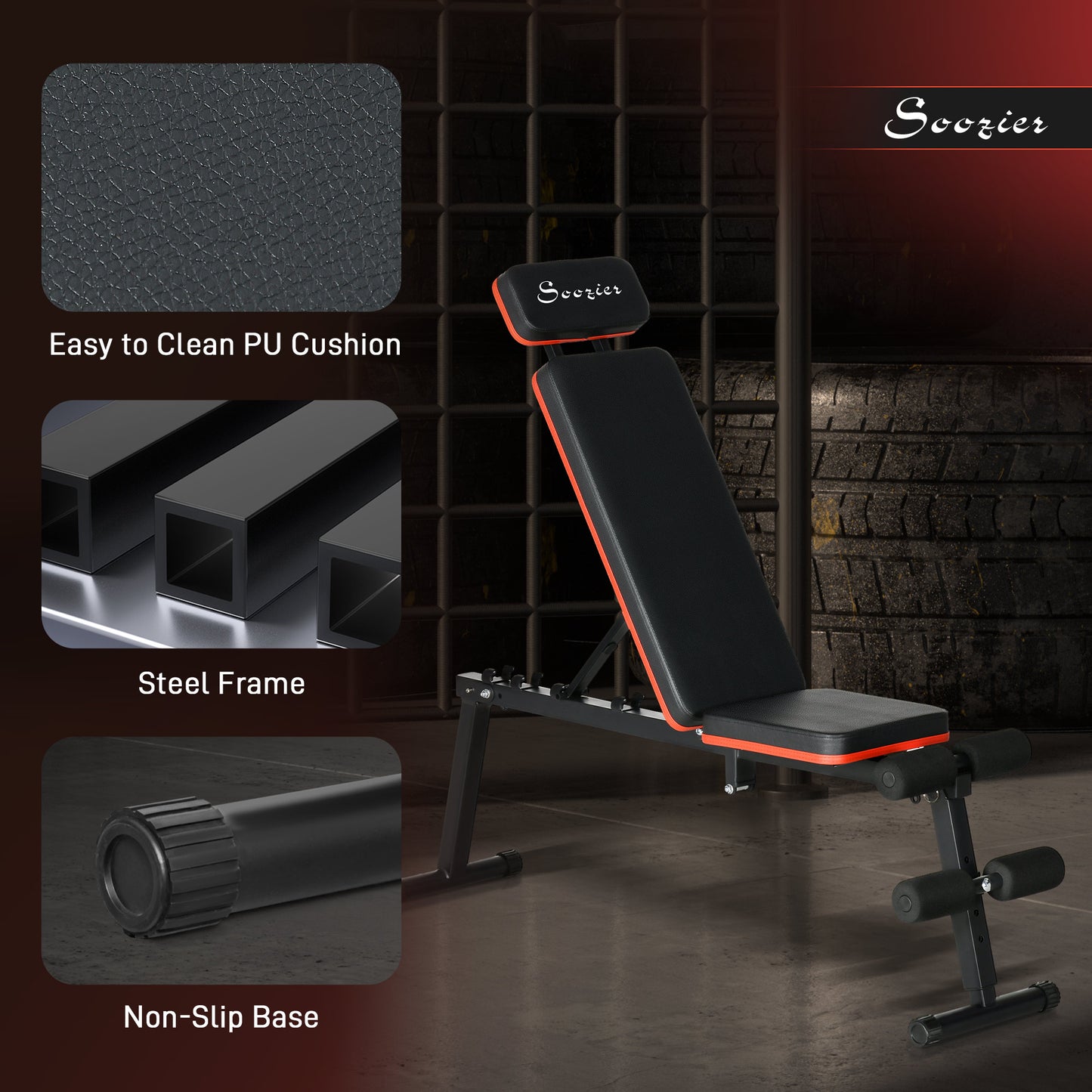 Soozier Adjustable Weight Bench, Foldable Workout Bench with Extended Head Protection, Flat or Incline