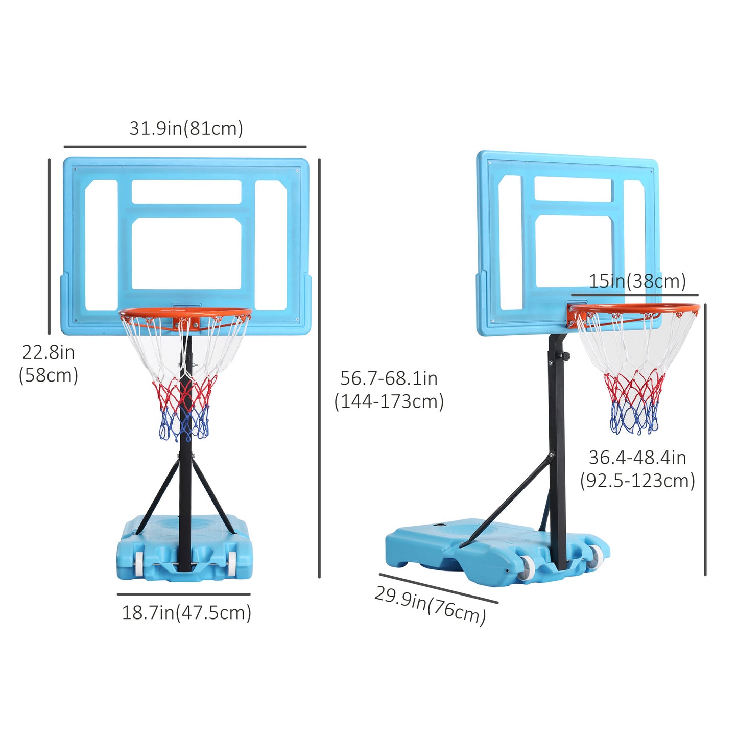 HOMCOM 51"-64" Height Adjustable Basketball System Poolside Hoop Stand Portable with Wheels