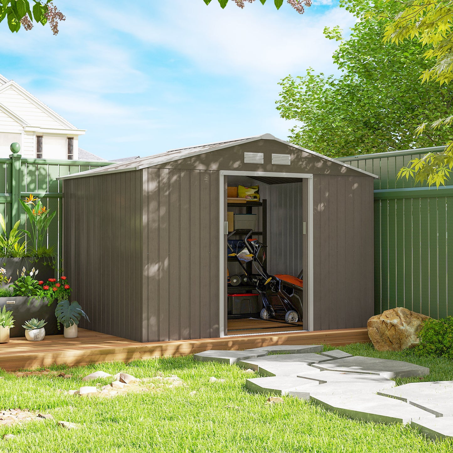 Outsunny 11' x 13'Garden Storage Shed w/ Foundation Kit Metal Tool Storage House w/ Double Doors Yellow