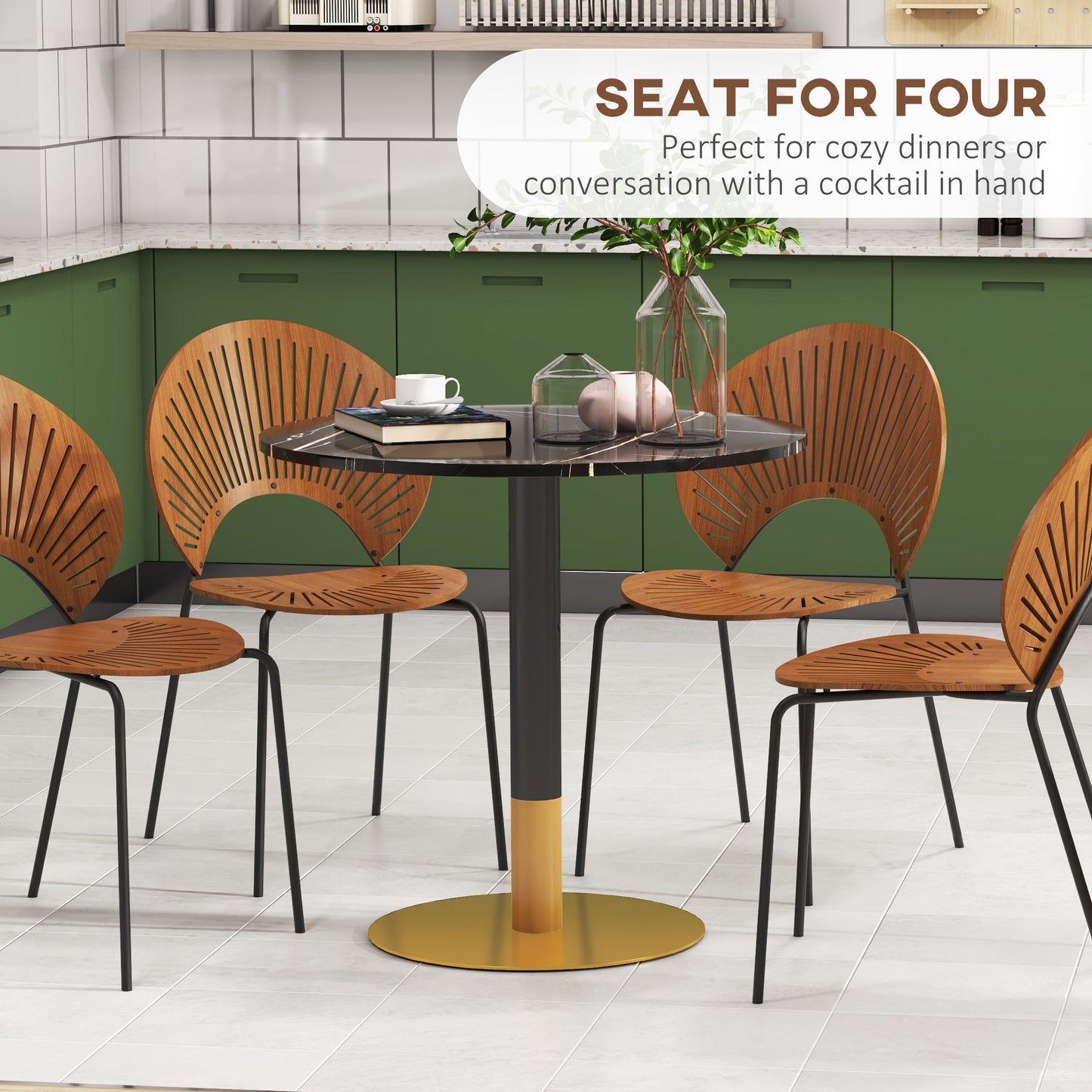 HOMCOM Round Dining Table, Modern Dining Room Table with Faux Marble Top, Steel Base, Space Saving Small Kitchen Table, Black