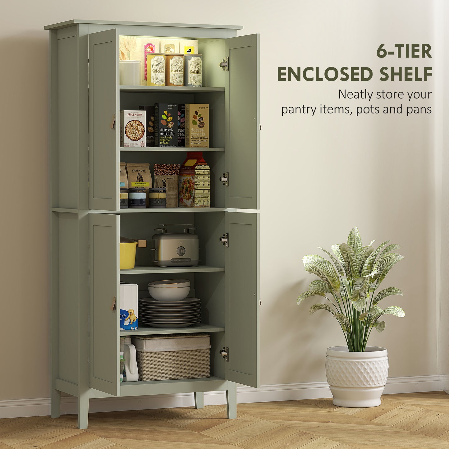 HOMCOM 69.5" Tall Kitchen Pantry Storage Cabinet with Motion Sensor LED Light, Modern Kitchen Pantry Cabinet, Green