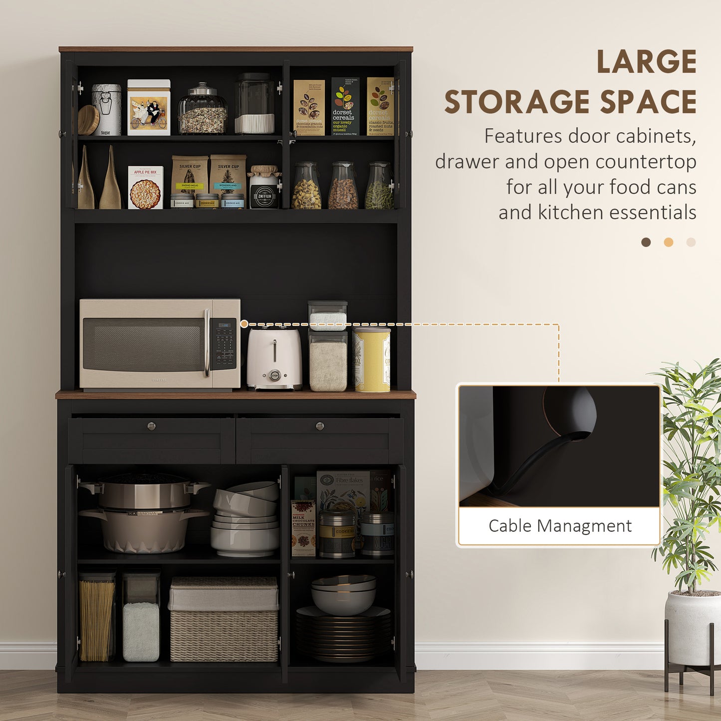 HOMCOM 71" Pantry Cabinet with Microwave Space, Buffet with Hutch, 2 Drawers, Adjustable Shelves and Glass Doors, Black