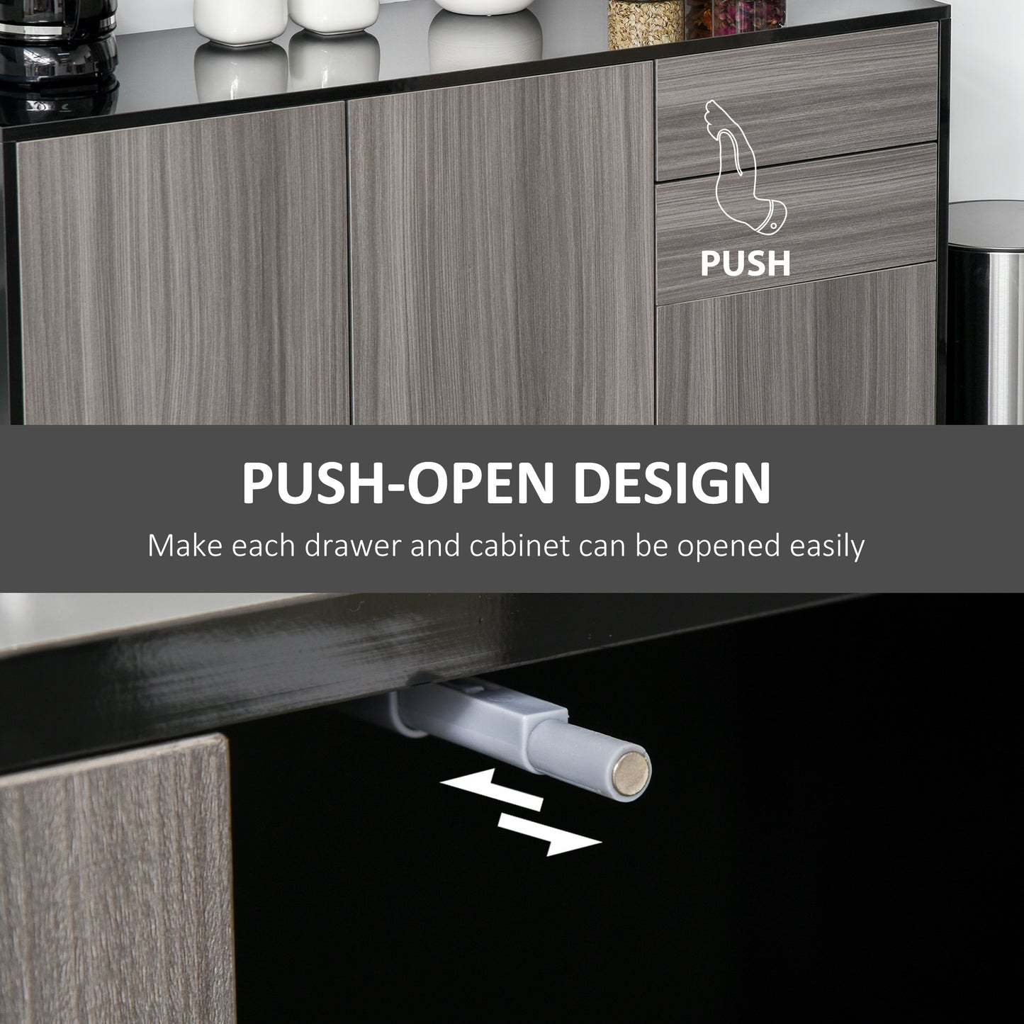 HOMCOM Kitchen Sideboard Storage Cabinet, Modern Coffee Bar with Push-Open Design and 2 Drawers for Living Room, Black