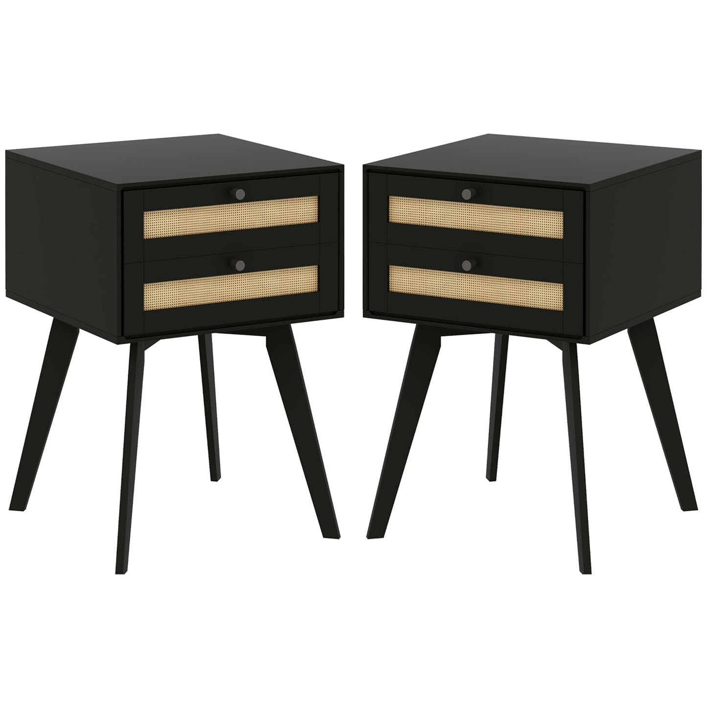 HOMCOM Boho Night Stands Set of 2, Bedside Tables with 2 Rattan Drawers, Square End Tables for Bedroom, Living Room