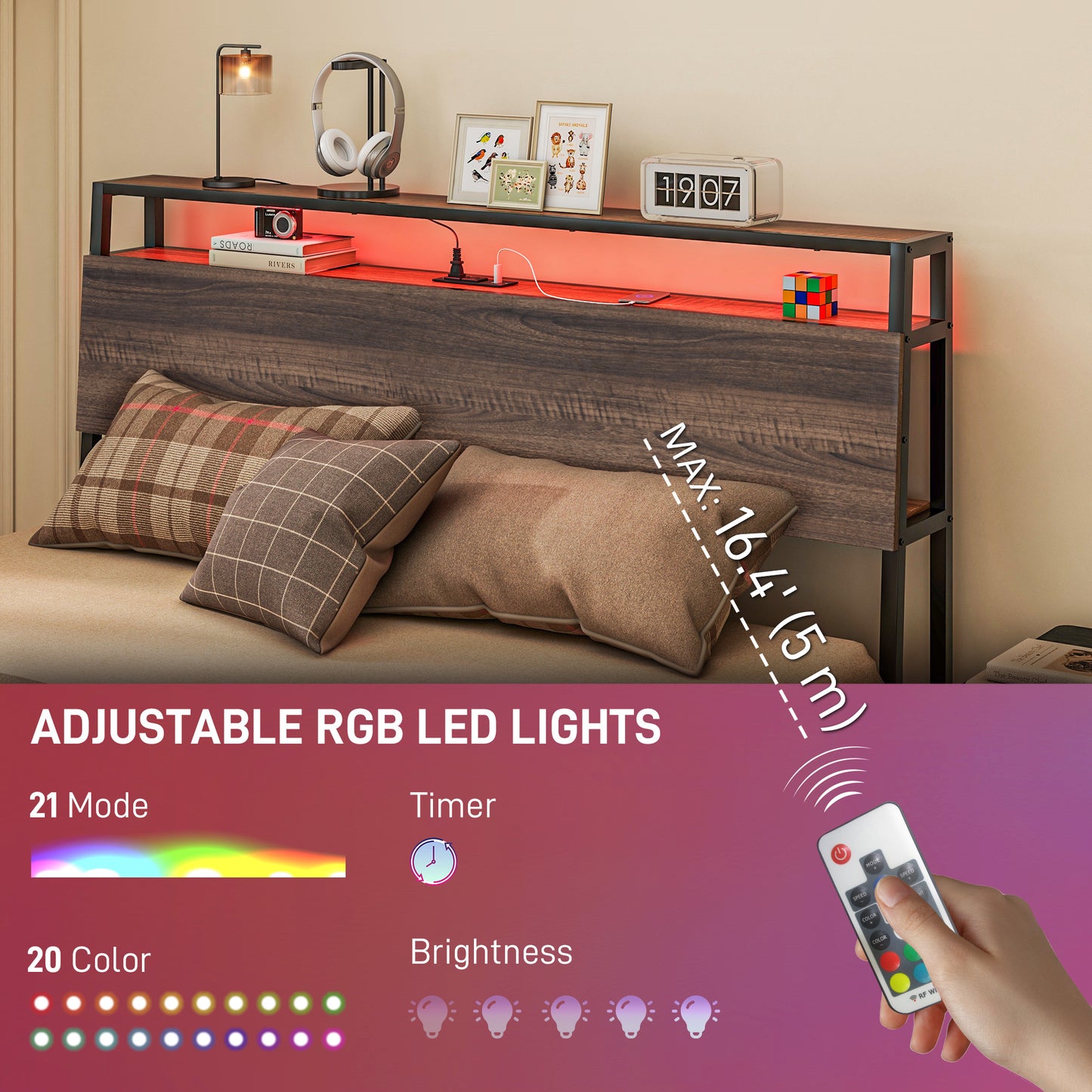 HOMCOM Queen Size Bed Frame with LED Lights and Charging Station, Queen Bed Frame with Storage Headboard, Noise-Free, Walnut