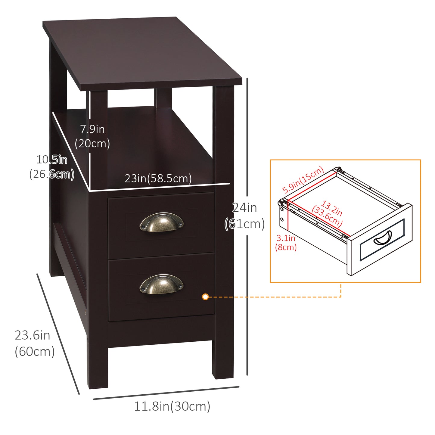 HOMCOM Slim End Table with 2 Drawers and Storage Shelf, Sofa Side Table for Living Room, Narrow Nightstand, White