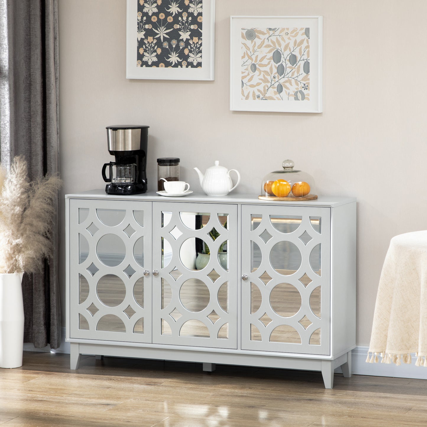 HOMCOM Sideboard Kitchen Buffet Table with 3 Mirrored Doors, 2 Cabinets and Adjustable Shelf, Gray
