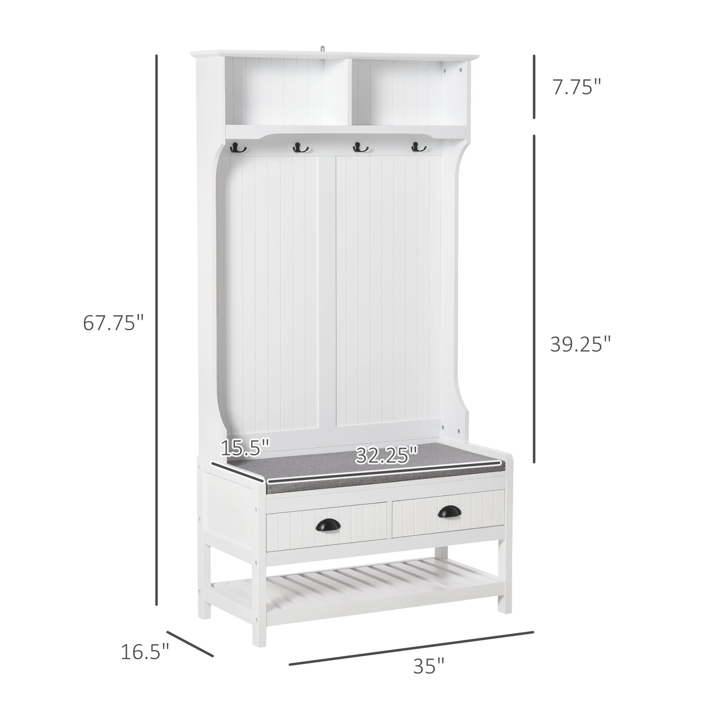 HOMCOM Coat Rack Shoe Bench, Hall Tree with Bench and Shoe Storage, Entryway Bench with 4 Hooks, 2 Drawers, 2 Shelves, White