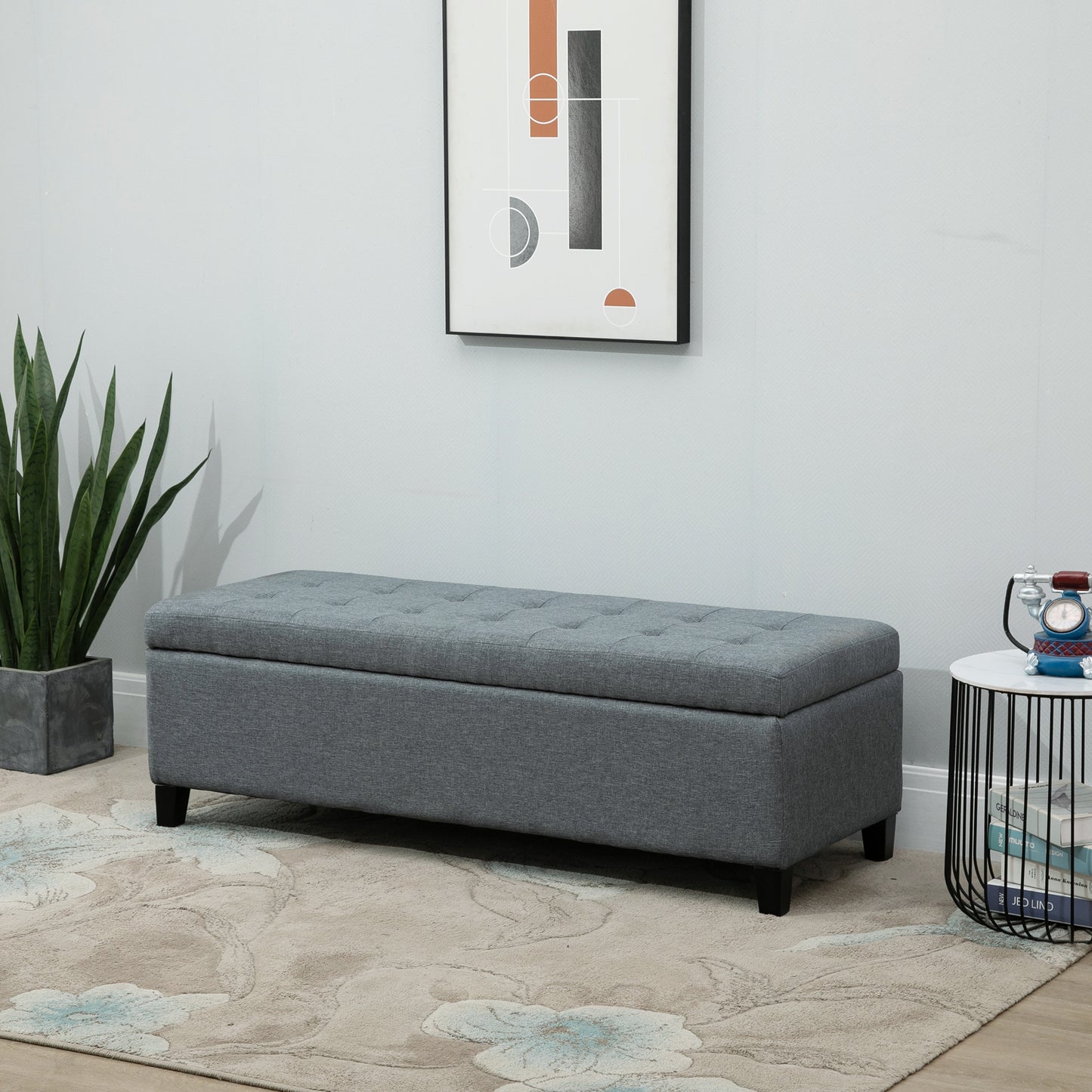 HOMCOM Rectangular Entry Bench, Tufted Upholstered Linen Fabric Wood Feet Storage Ottoman Bench, Beige