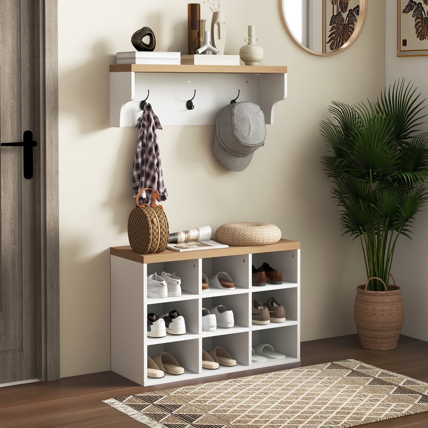 HOMCOM 2-in-1 Hall Tree, 5-Hook Coat Rack Shoe Bench Set w/ Bench and Shoe Storage for Entryway, Hallway, White