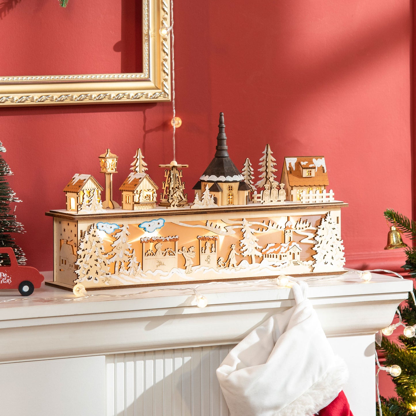 HOMCOM Desktop Christmas Decoration, Christmas Village Houses with Church, Windmill Battery Operated, Natural Wood