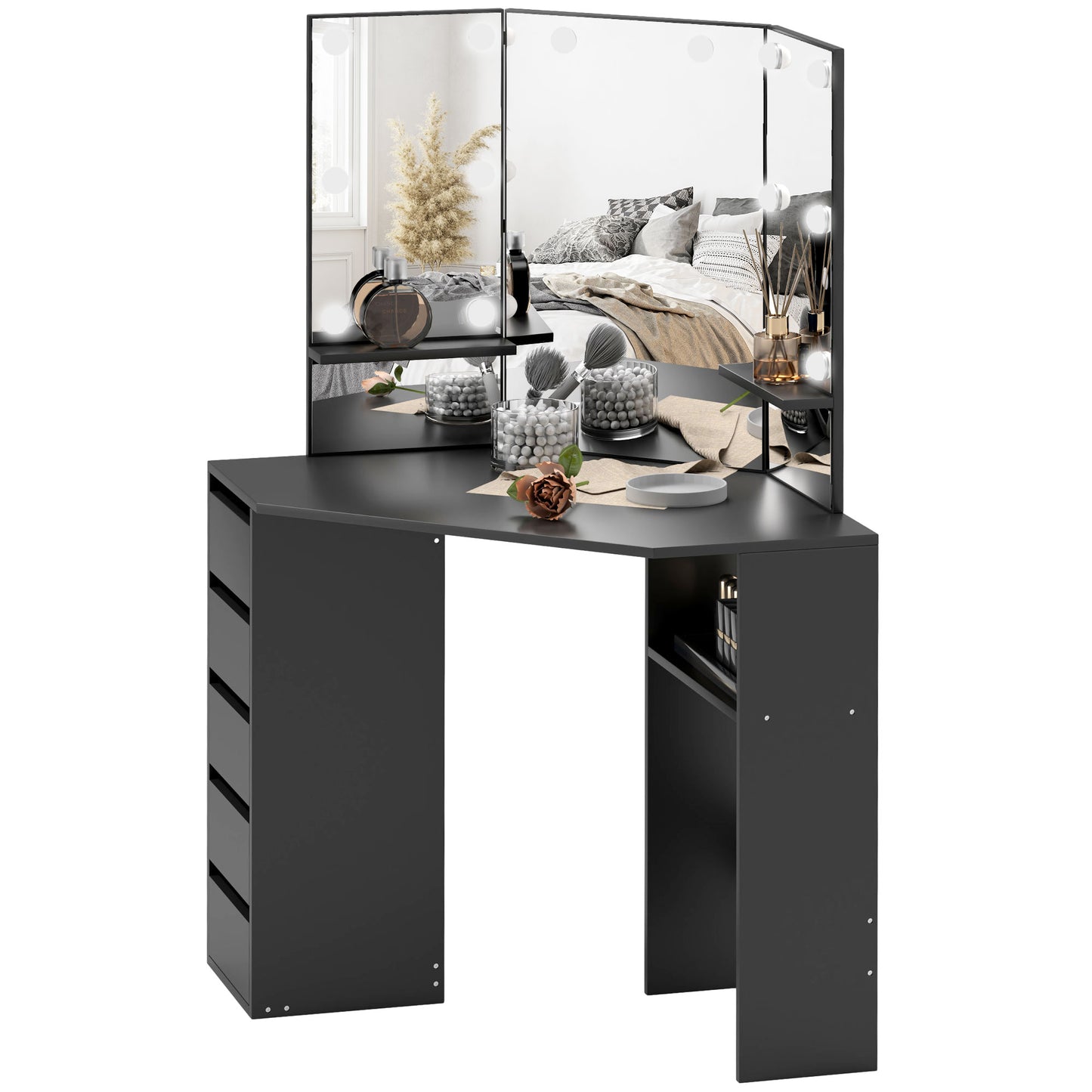HOMCOM Makeup Vanity Desk with 3-Panel Mirror and 10 LED Lights, Dressing Table with 5 Drawers and Shelves for Bedroom, White