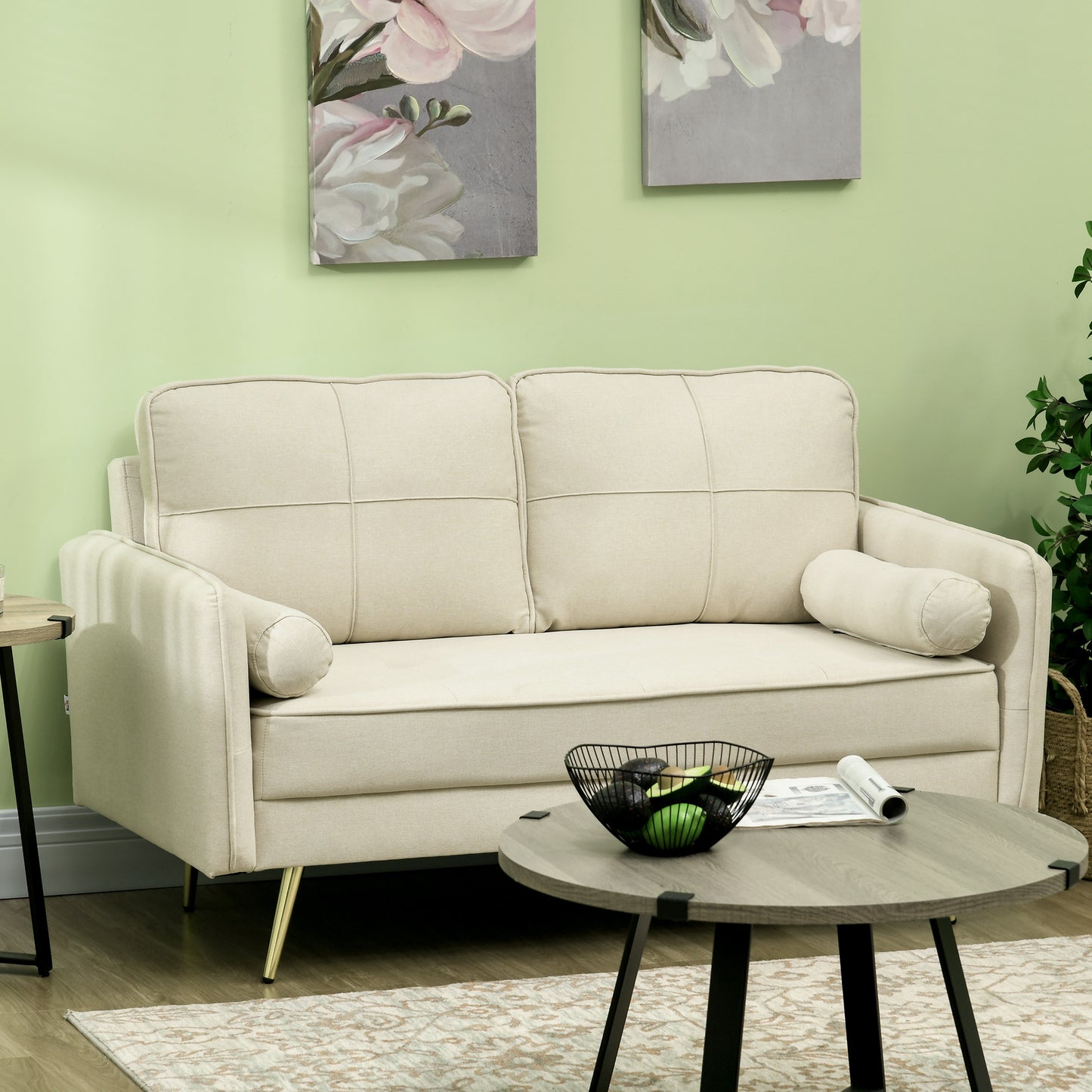 HOMCOM 56" Loveseat Sofa for Bedroom Upholstered 2 Seater Couch with Back Cushions and Pillows, Blue