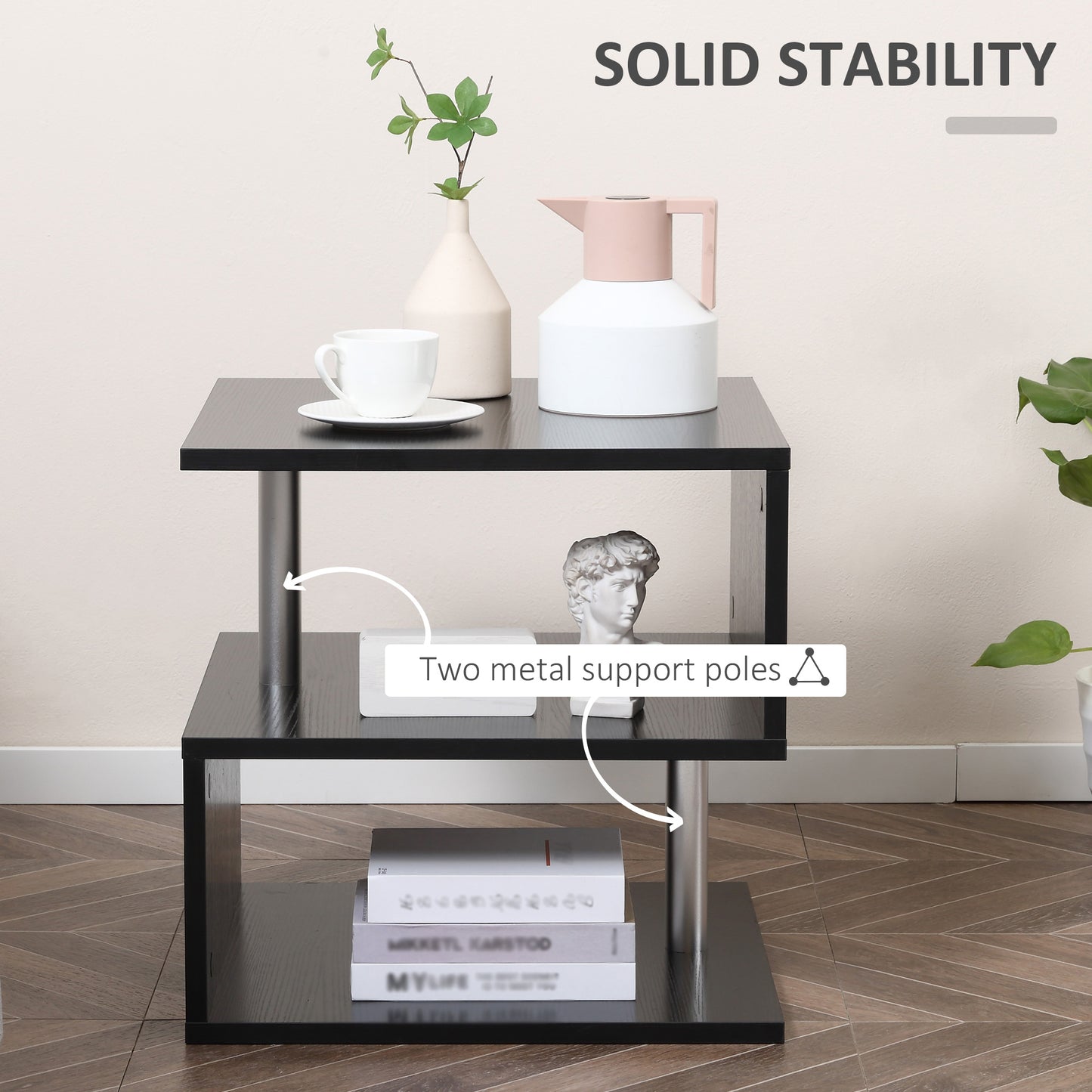 HOMCOM Wooden S Shape End Table 3 Tier Storage Shelves Organizer Living Room Side Table Desk Black