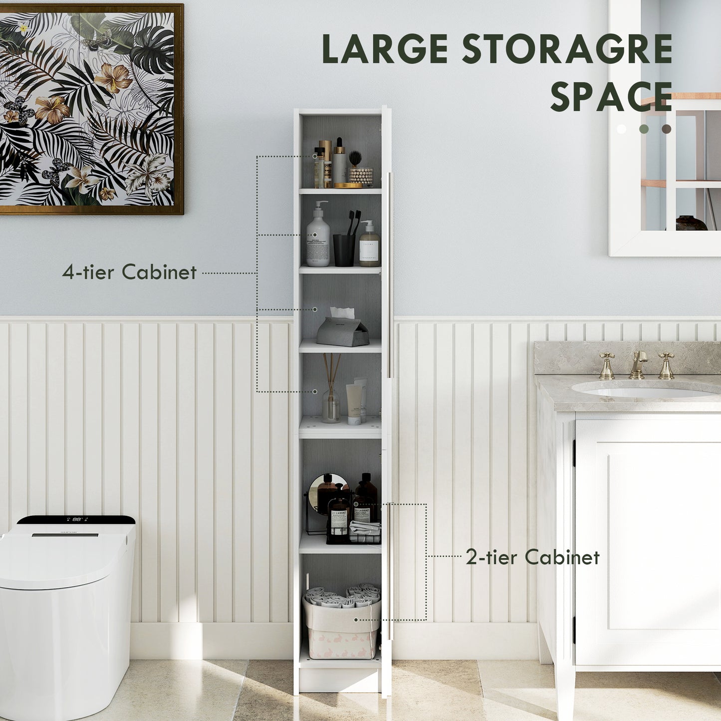 HOMCOM Freestanding Tall Bathroom Storage Cabinet with Adjustable Shelves, Bathroom Organizer, Black Wood Grain
