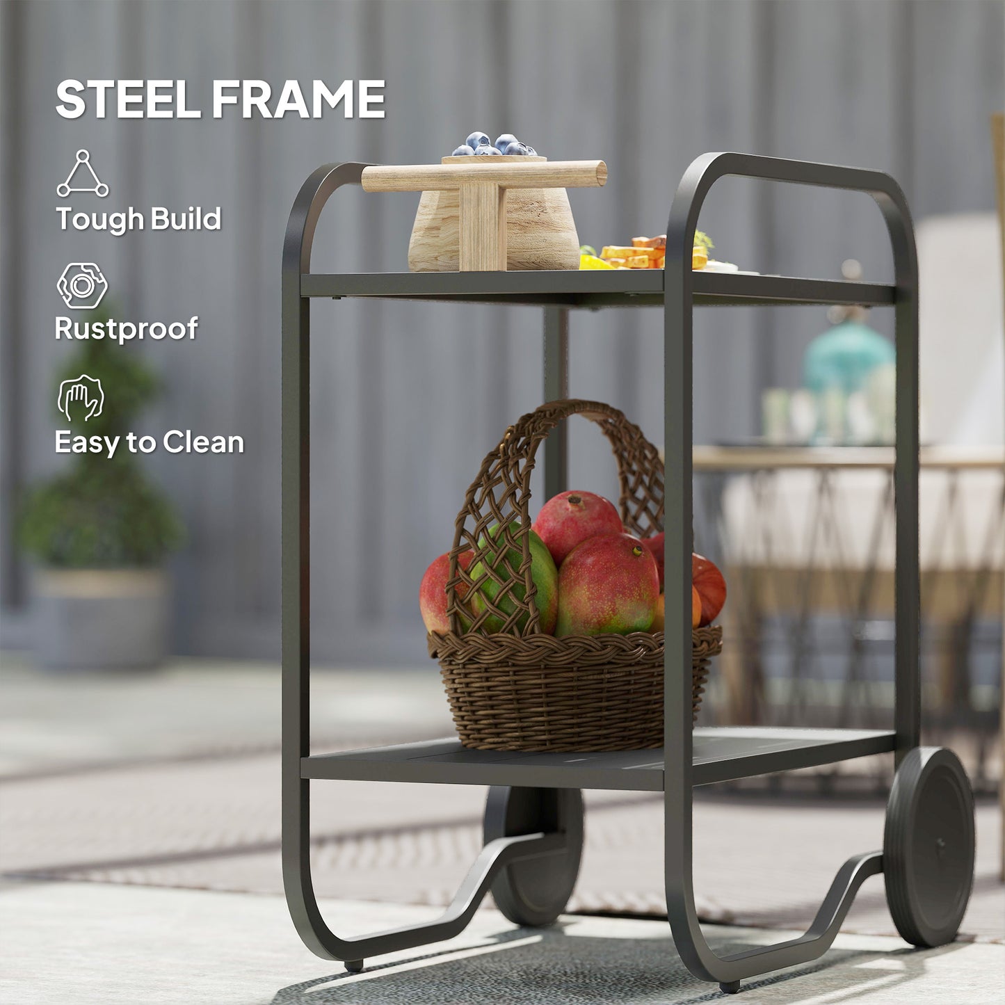 Outsunny Bar Cart with Storage, 2-Tier Rolling Kitchen Cart on Wheels with Side Handle and Steel Frame for Indoor Outdoor, Black