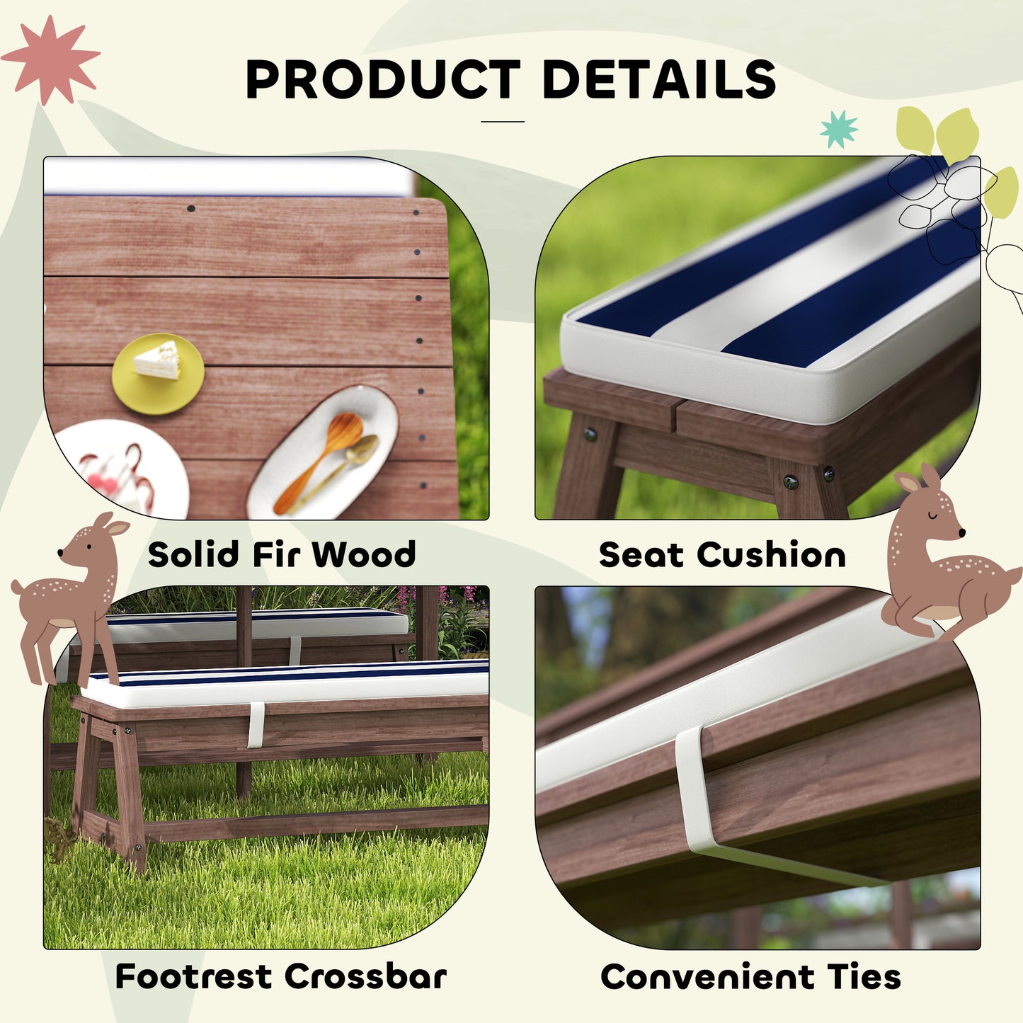 Qaba Wooden Kids Picnic Table & Bench Set with Removable Umbrella, Cushions, for Garden, Backyard, Patio, Navy Blue