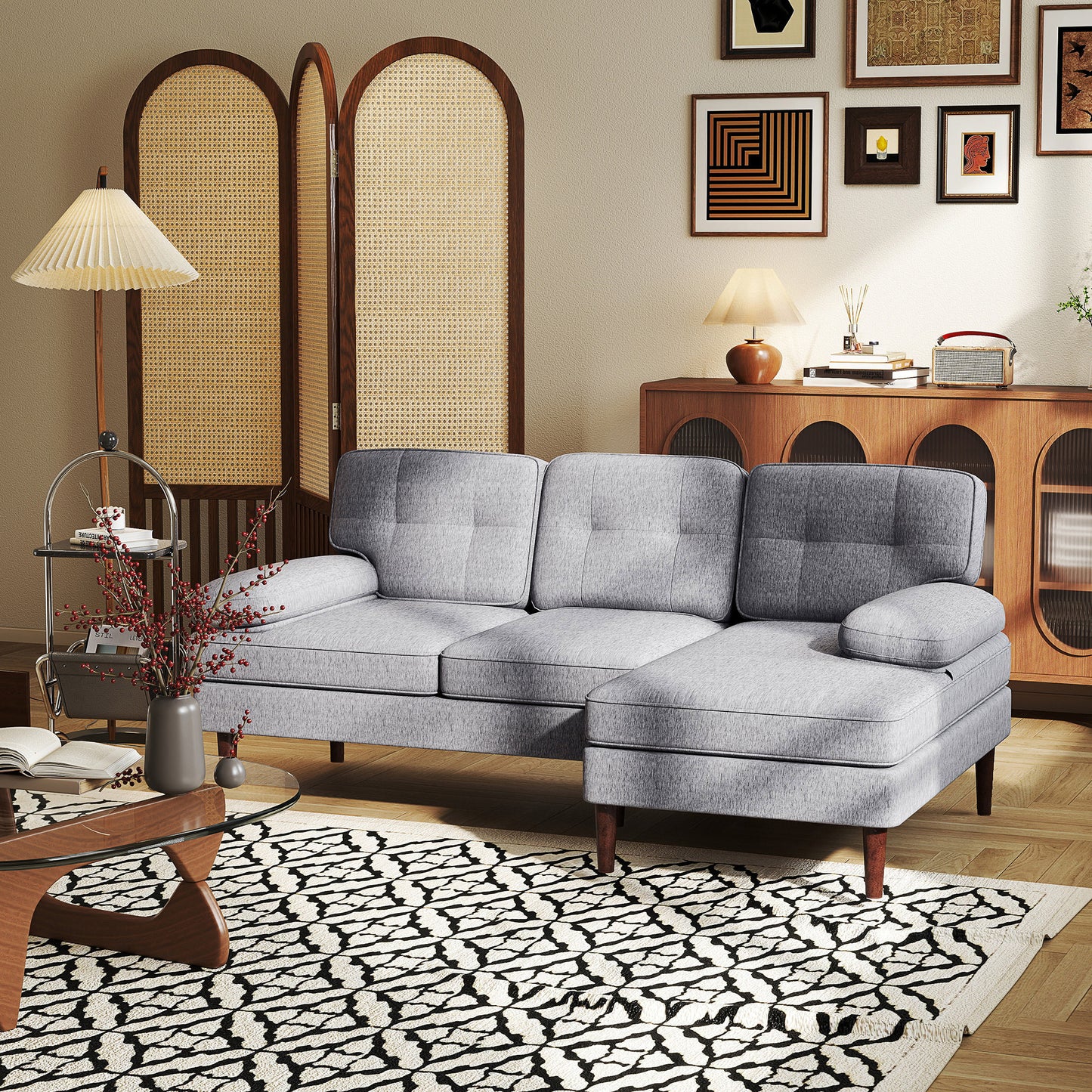HOMCOM Modern Corner Couch with Right Chaise Lounge, Tufted 3-Seater Sofa with Wooden Legs for Living Room, Navy Blue