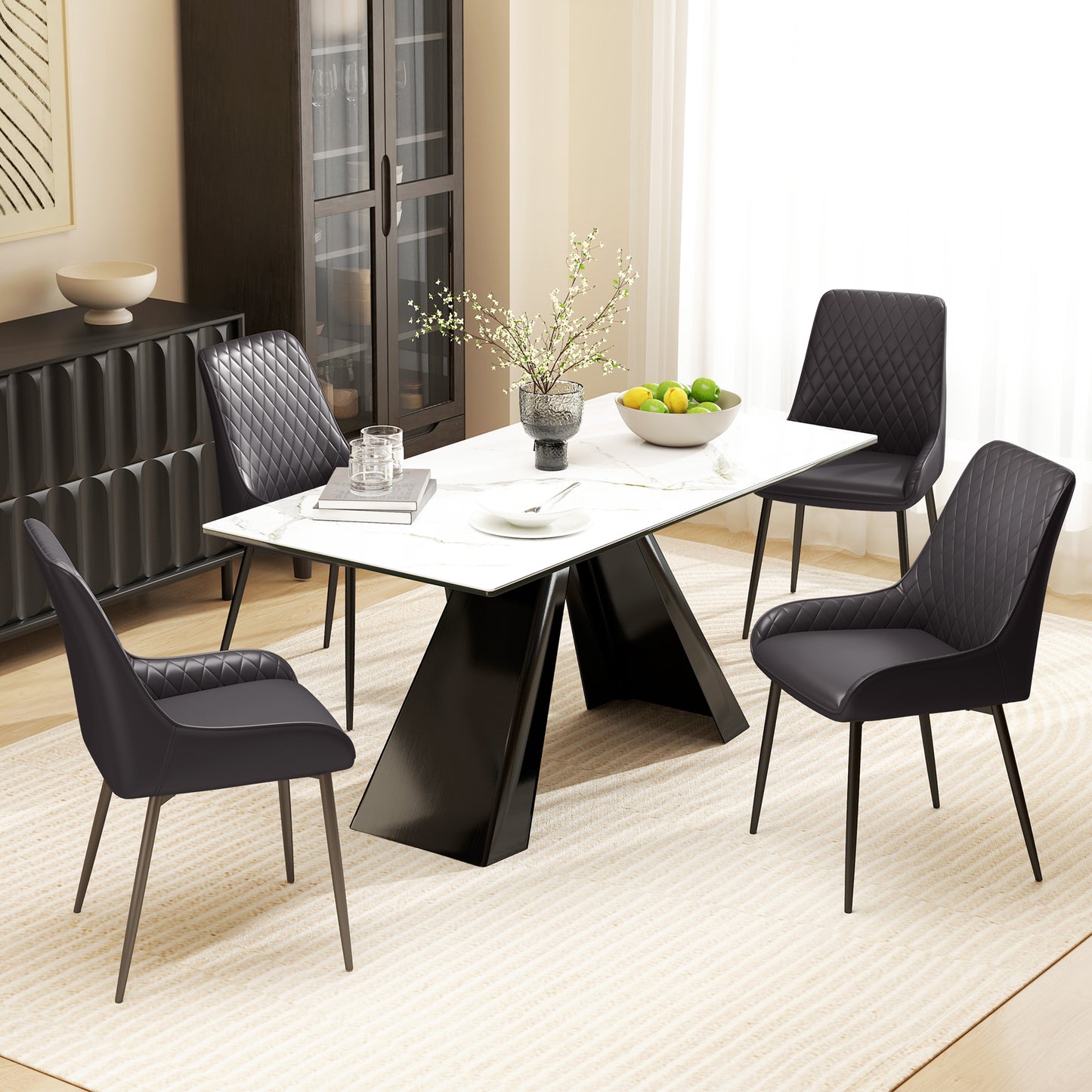HOMCOM Upholstered Kitchen Chairs, Modern Dining Chairs Set of 2 with Diamond Tufting and Steel Legs for Dining Room, Black