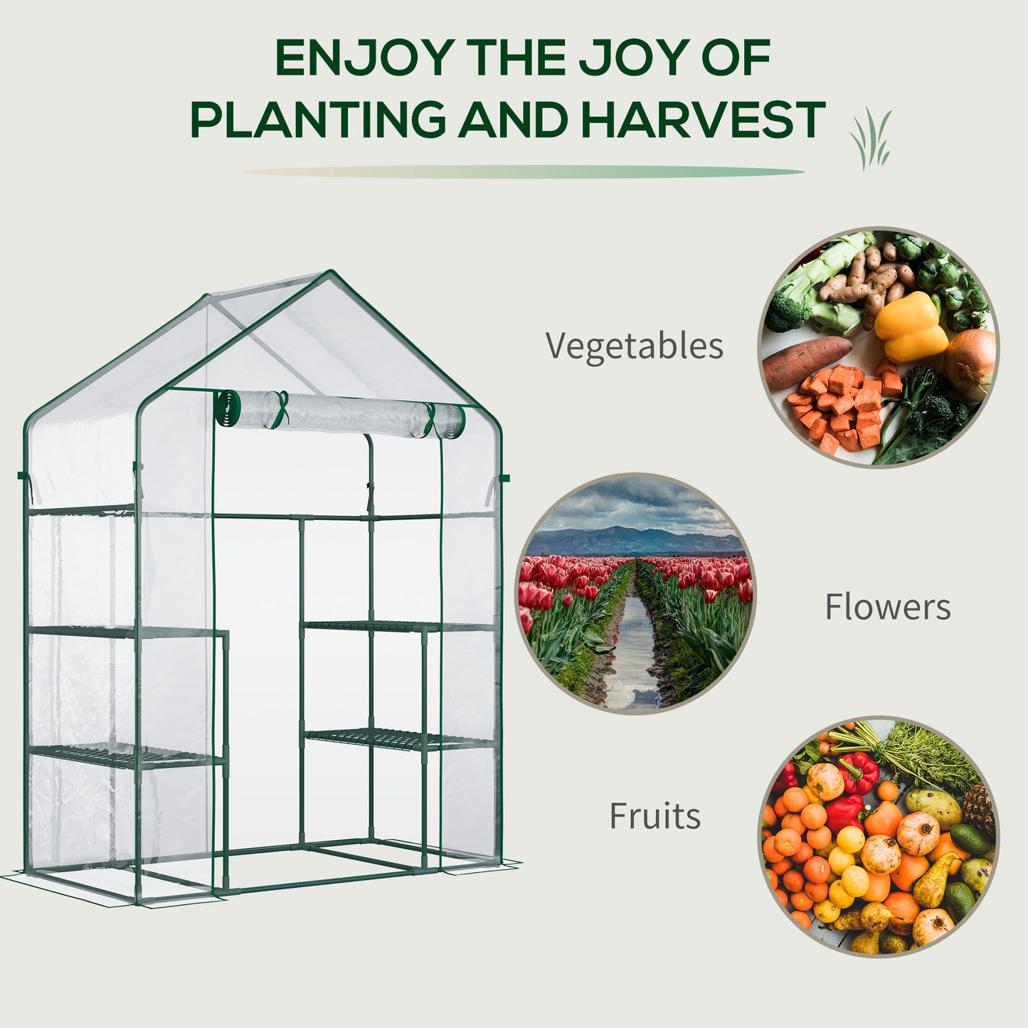 Outsunny 56" x 29" x 77" Walk-in Greenhouse, Mini Greenhouse with 4 Shelves, Roll-Up Door and Weatherized Cover, Clear