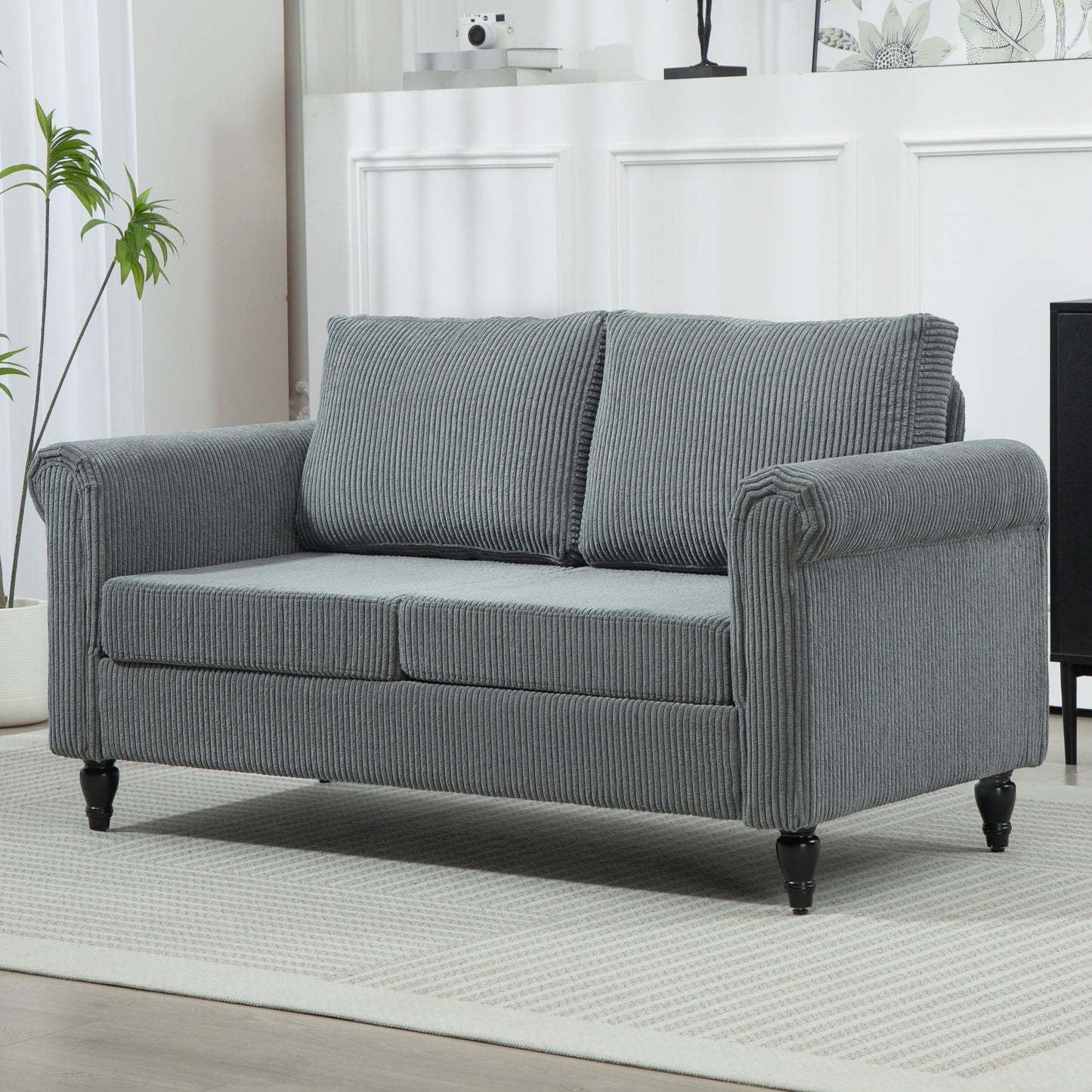 HOMCOM Vintage Loveseat, Upholstered Love Seat Furniture, Chenille-feel Fabric 2 Seater Sofa Couch with Rolled Arms, Gourd-Shaped Rubber Wood Legs for Living Room, Dark Grey