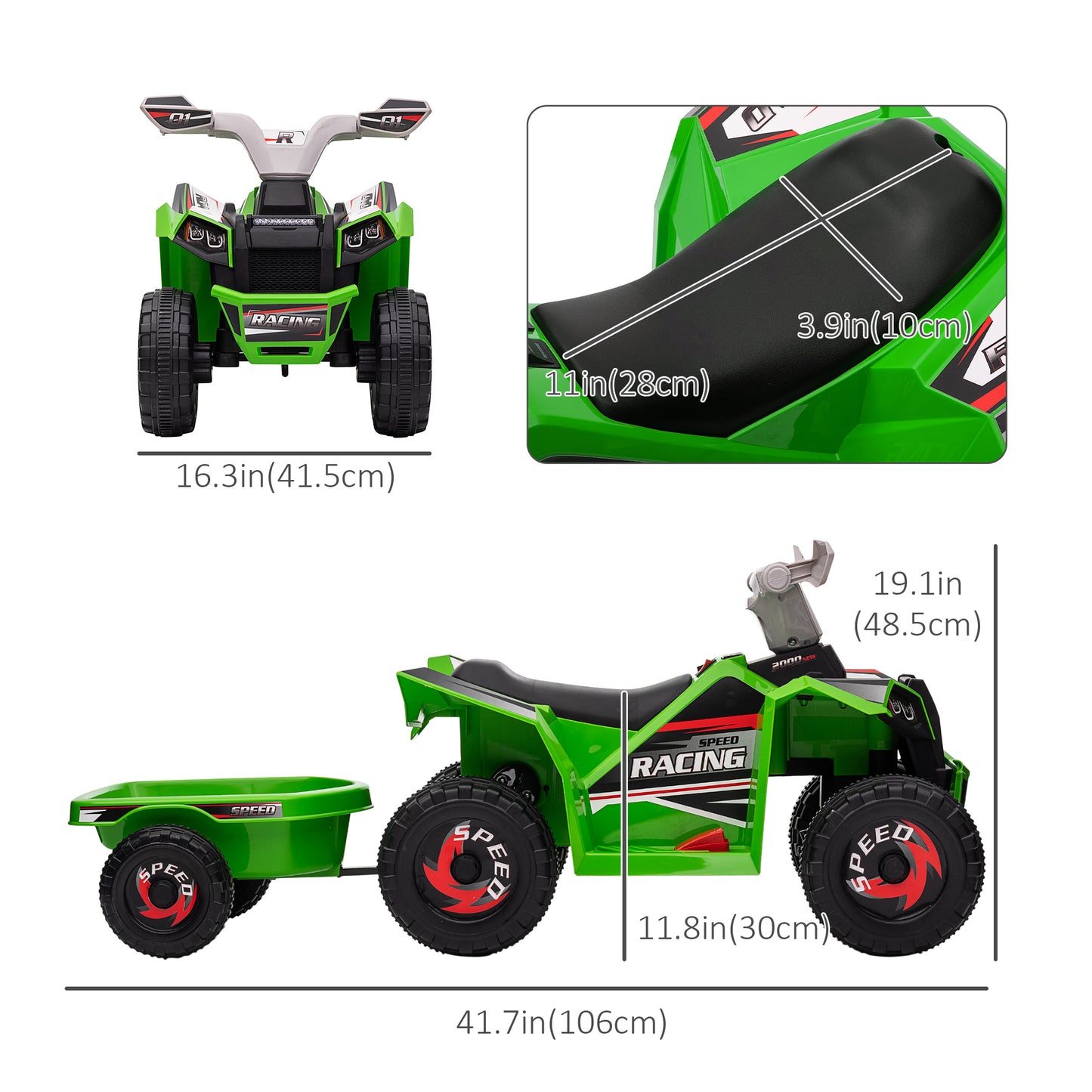 Aosom 6V Kids ATV Quad, Battery Powered Electric Vehicle for Kids with Back Trailer, Wear-resistant Wheels, for Boys and Girls - Blue