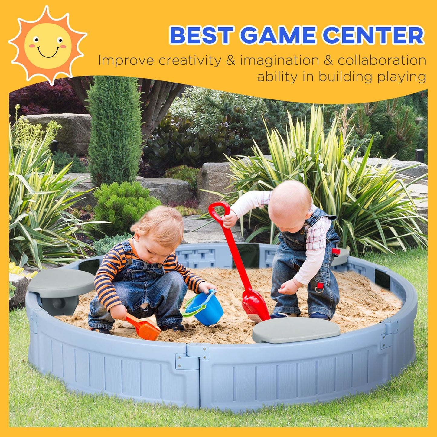 Outsunny Kids Outdoor Sandbox with Cover Waterproof Oxford Canopy, Bottom Fabric Liner, Children Playset for 3-12 years old, Backyard, Brown