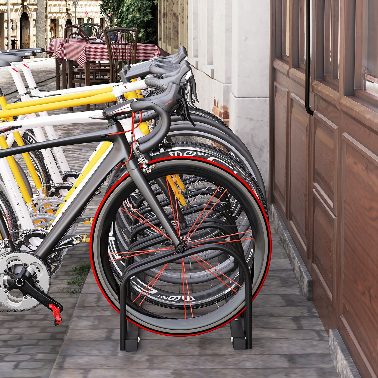 HOMCOM 6-Bike Bicycle Floor Parking Rack Cycling Storage Stand Ground Mount Garage Organizer for Indoor and Outdoor Use Black