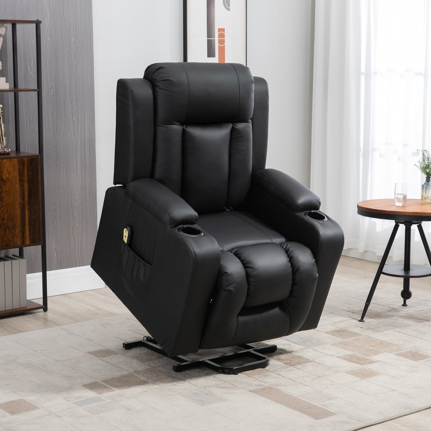 HOMCOM Electric Power Lift Chair, PU Leather Recliner Sofa with Footrest, Remote Control and Cup Holders, Brown