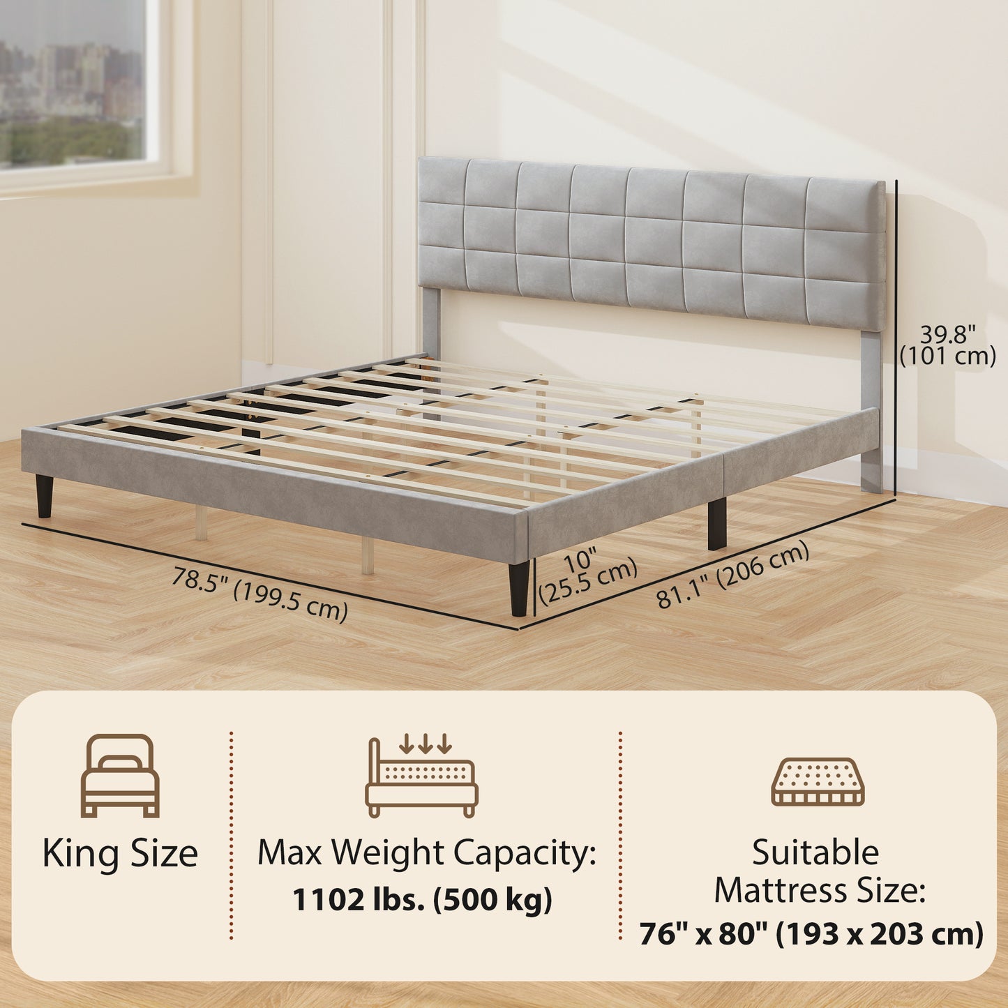 HOMCOM Queen Size Bed Frame with Upholstered Headboard, Modern Platform Bed Frame with Wood Slats, 1100 lbs Capacity, Cream