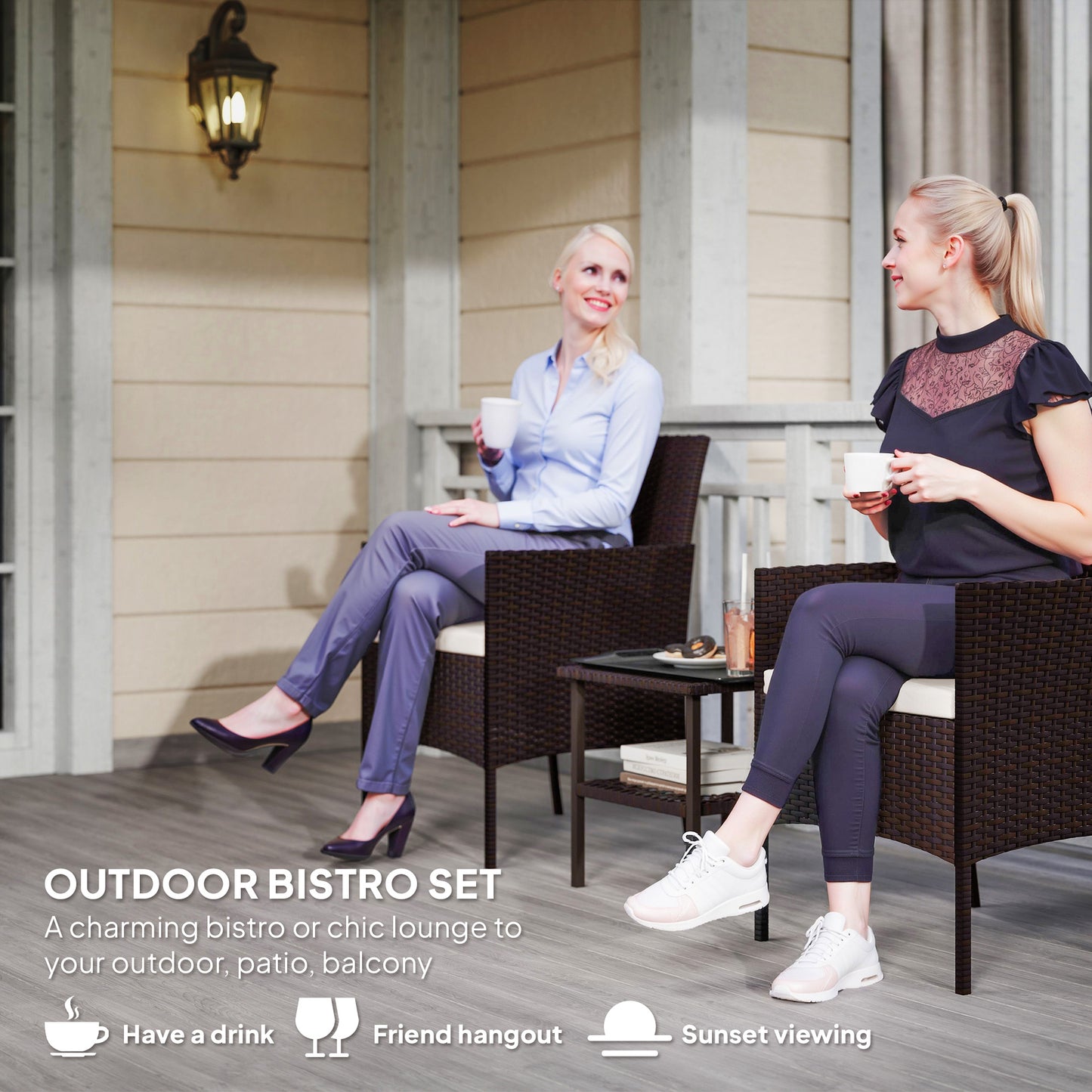 Outsunny Wicker Bistro Set, 3 Piece Patio Furniture Set with 2-Tier Glass Top Table, Cushions for Balcony, Porch, Beige