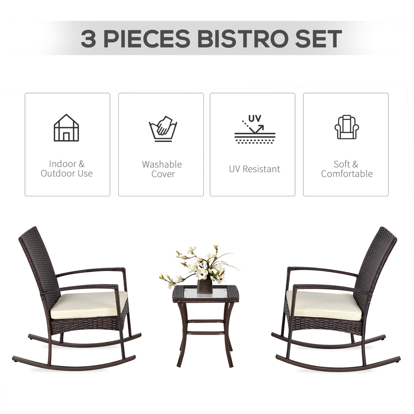 Outsunny 3 Pieces Patio Wicker Rocking Chair Set, Outdoor PE Rattan Bistro Set Conversation Rocker Set with 2 Chairs 1 Coffee Table for Backyard, Deck, Poolside, Dark Grey