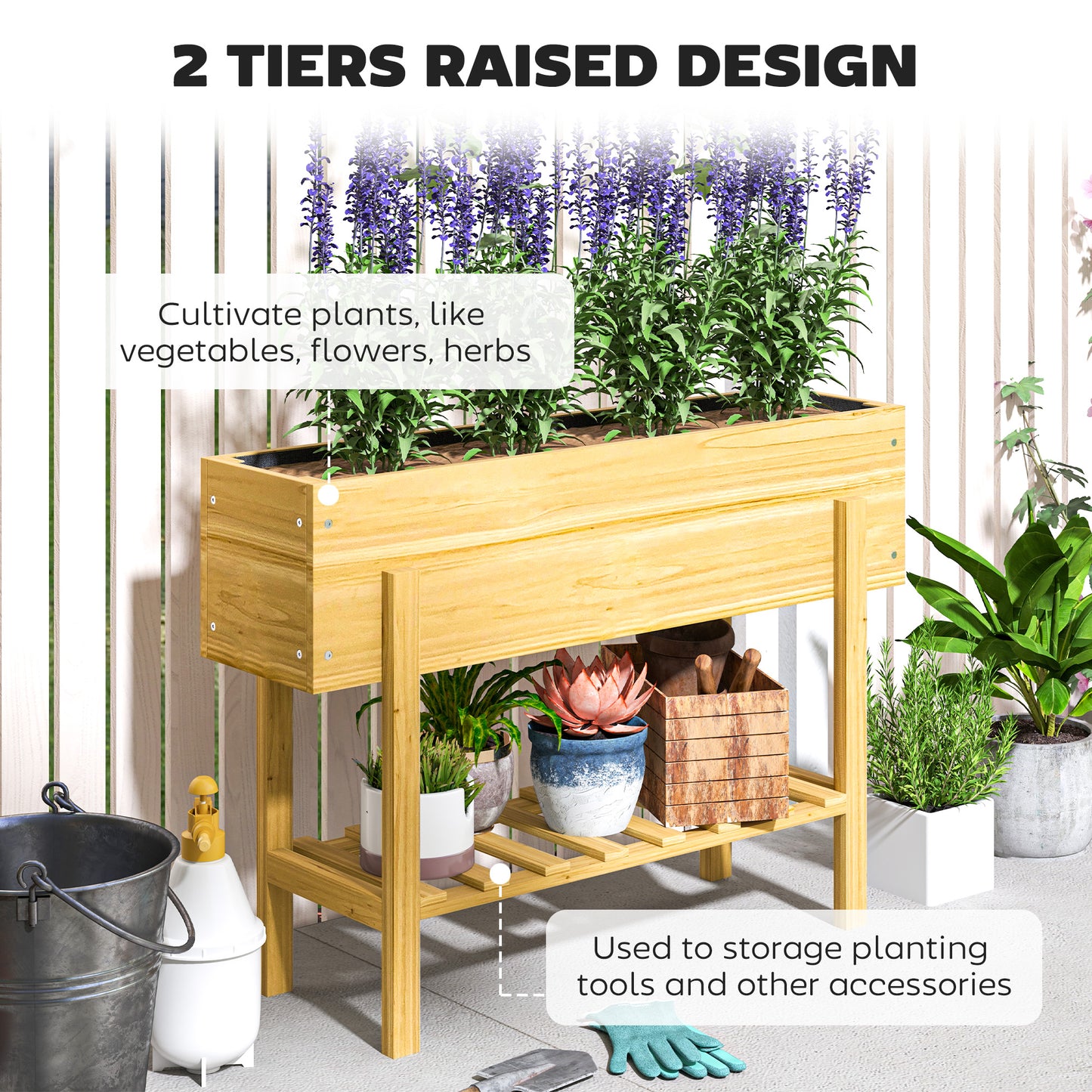 Outsunny Raised Garden Bed with Legs, Elevated Box Planter with Storage Shelf, Bed Liner for Backyard Patio, Natural Wood