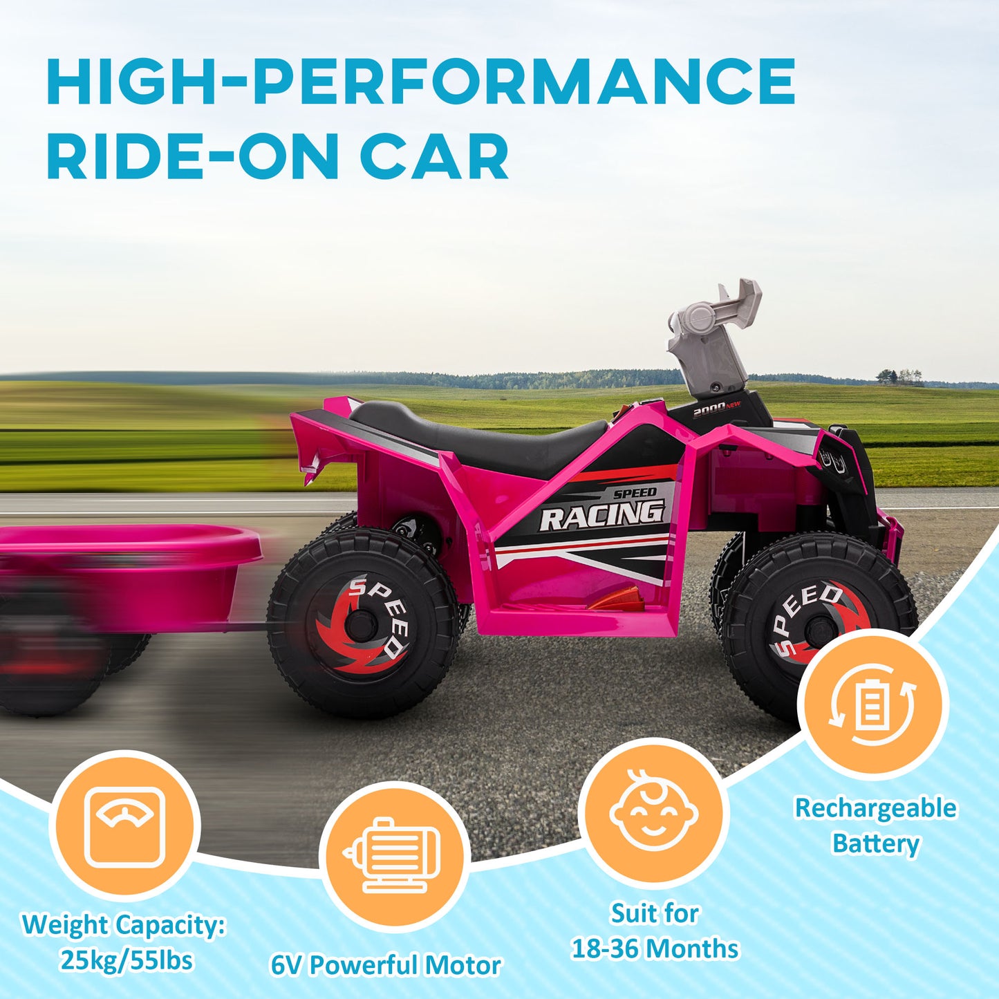 Aosom 6V Kids ATV Quad, Battery Powered Electric Vehicle for Kids with Back Trailer, Wear-resistant Wheels, for Boys and Girls - Blue