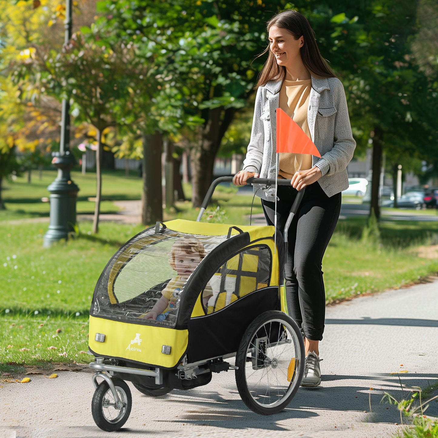 Aosom 2-in-1 Bike Trailer for Kids, Foldable 2-Seat Baby Stroller with 5-Point Harness, Rubber Wheels, Storage Bag, Black