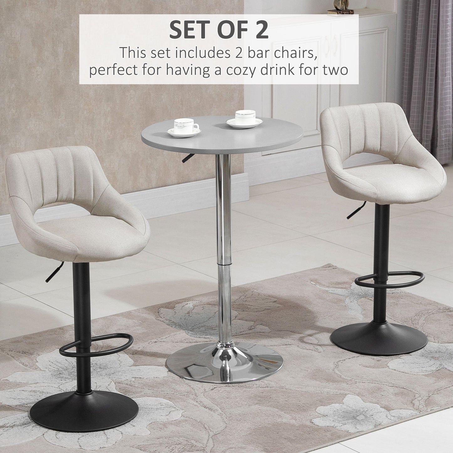 HOMCOM Bar Stools Set of 2, Swivel Counter Height Barstools with Adjustable Height, Linen Upholstered Bar Chairs with Round Metal Base and Footrest, Blue