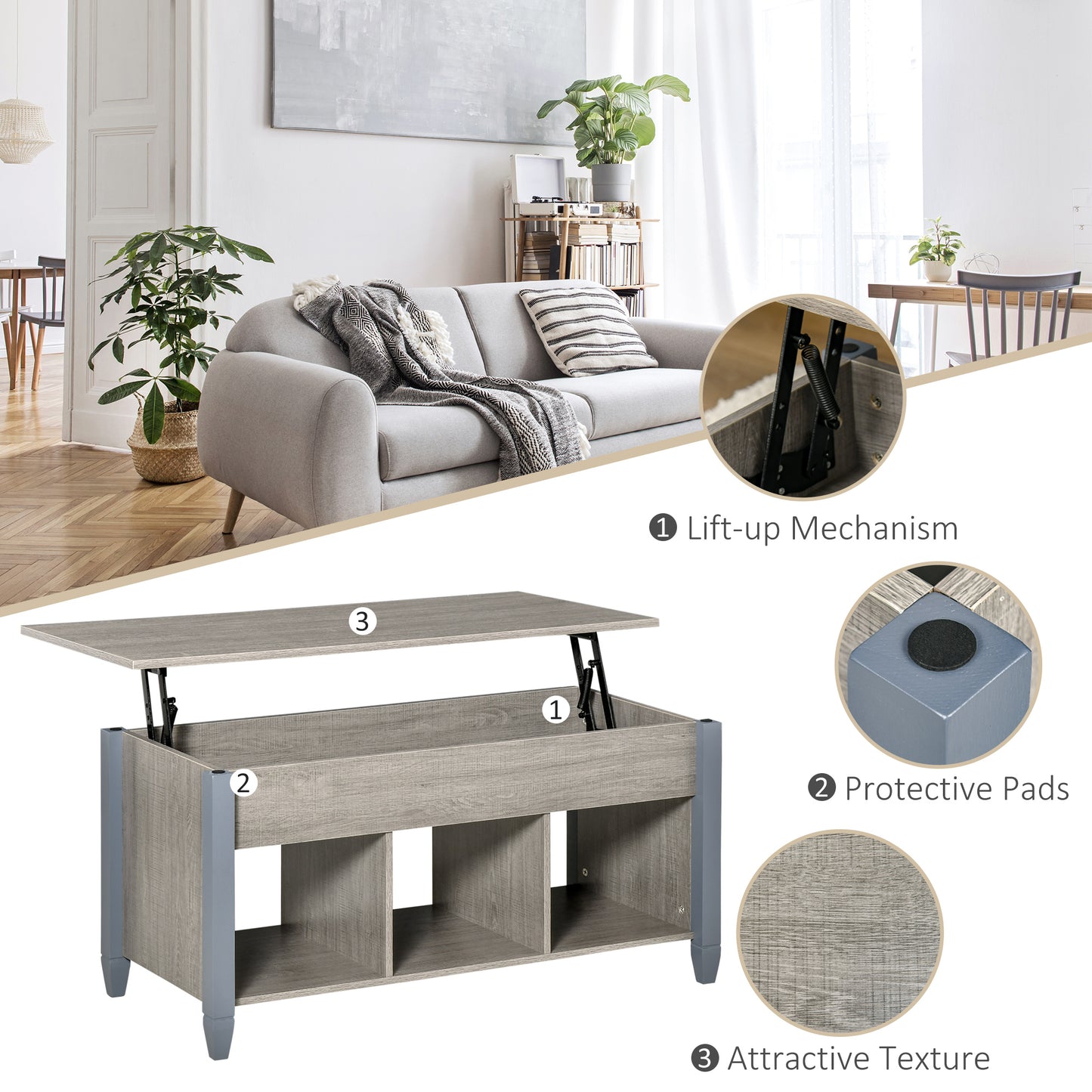 HOMCOM Lift Top Coffee Table with Hidden Storage Compartment and 3 Lower Shelves, Pop-Up Center Table for Living Room, Espresso