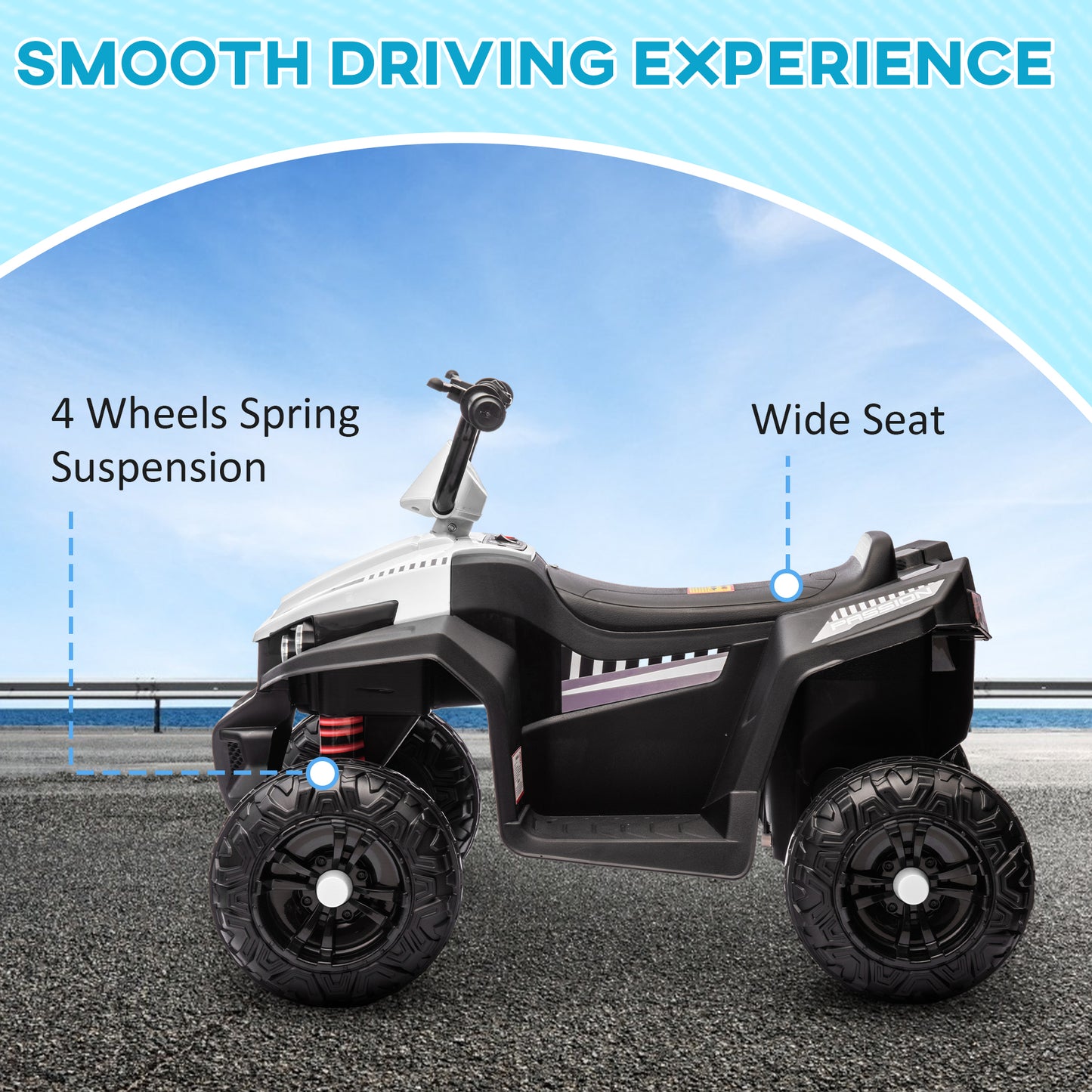 Qaba 12V Kids ATV with Four Wheels Spring Suspension, Forward & Backward, LED Light, MP3, Music, Blue