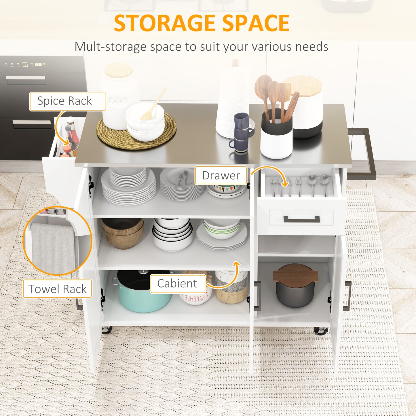 HOMCOM Kitchen Island with Storage, Rolling Kitchen Cart on Wheels, Kitchen Island with Storage, Drawer, 3 Cabinets, Stainless Steel Countertop, Spice Rack and Towel Rack, White